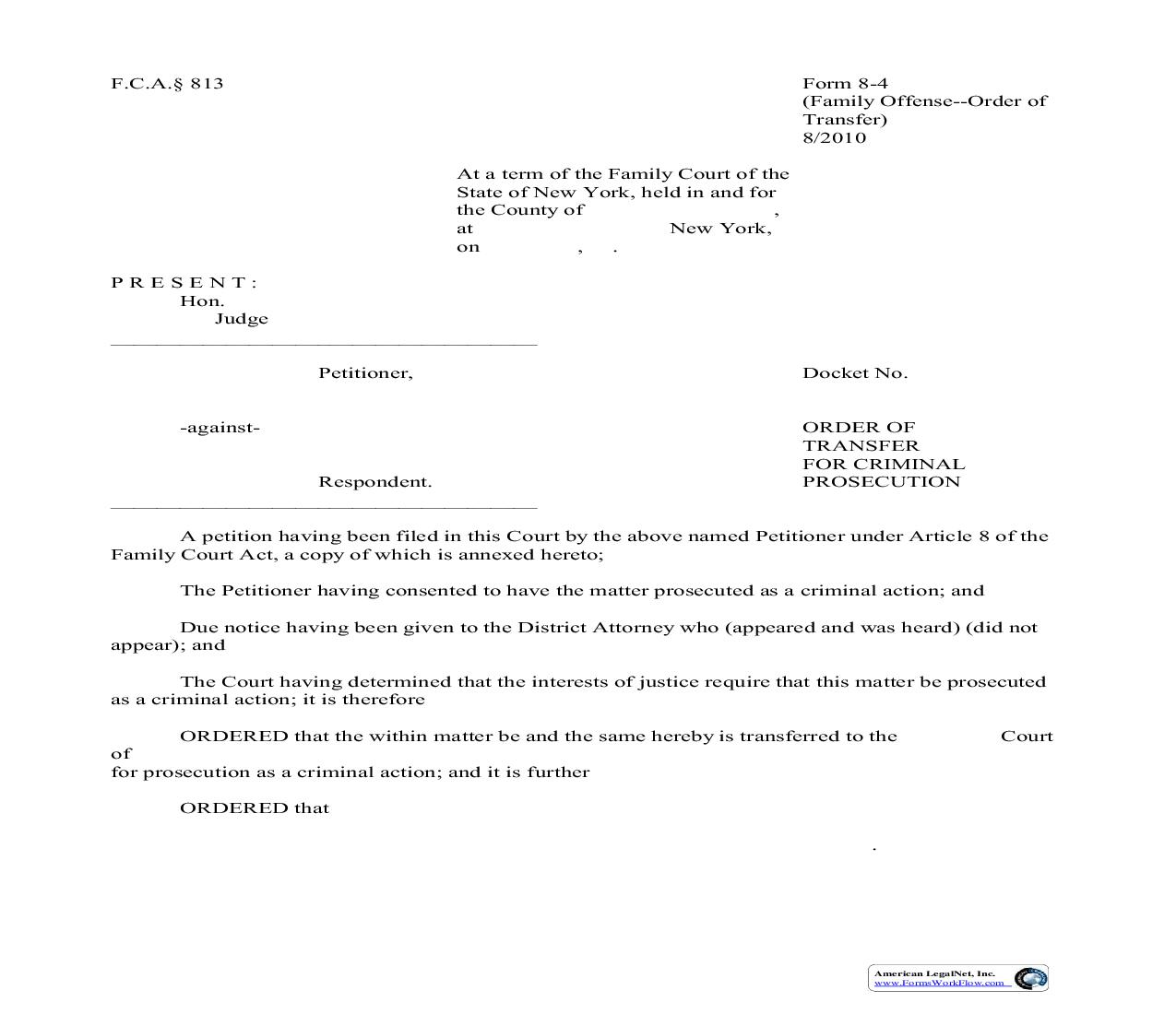 Order Of Transfer For Criminal Prosecution (Family Offense) {8-4} | Pdf Fpdf Doc Docx | New York
