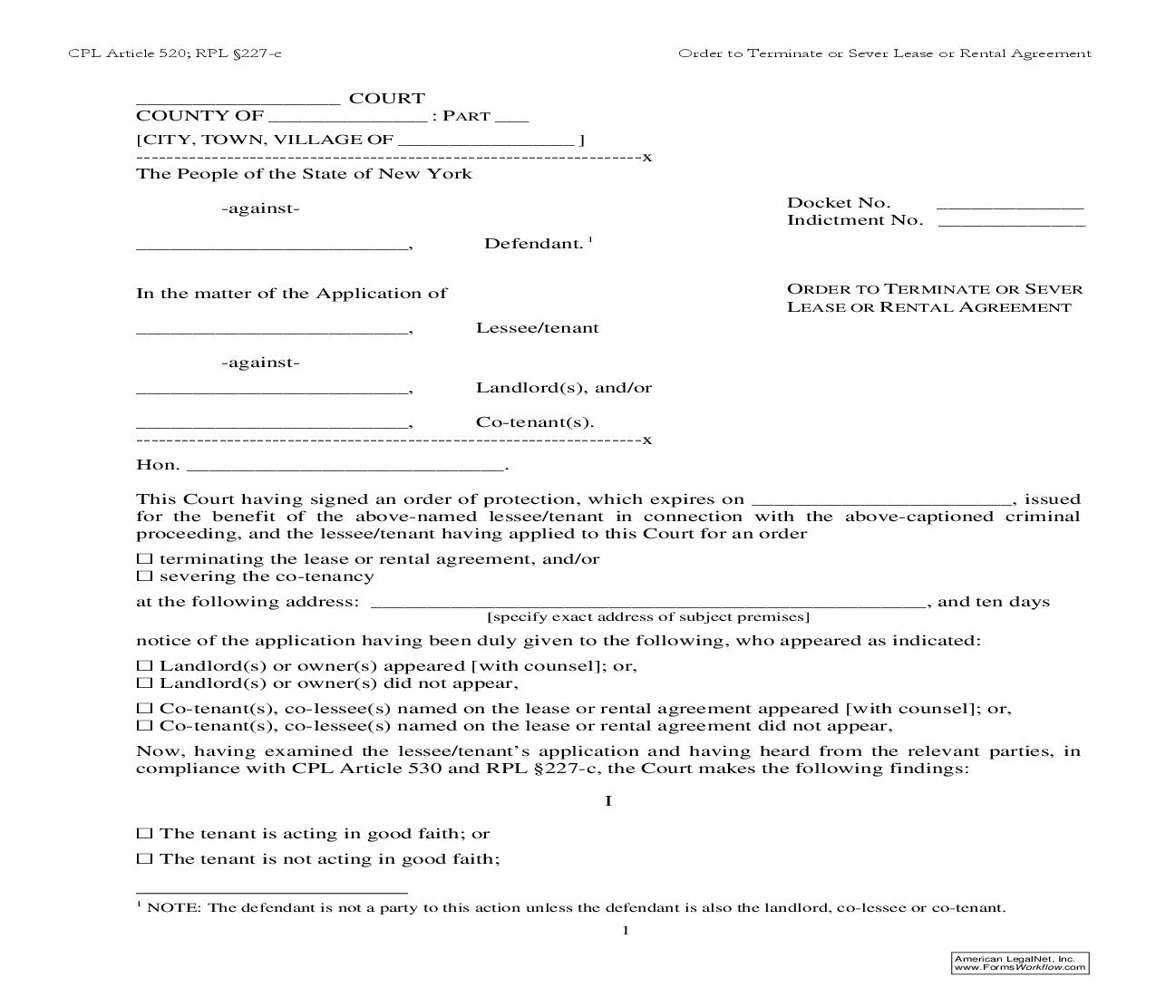 Order To Terminate Or Sever Lease Or Rental Agreement | Pdf Fpdf Doc Docx | New York