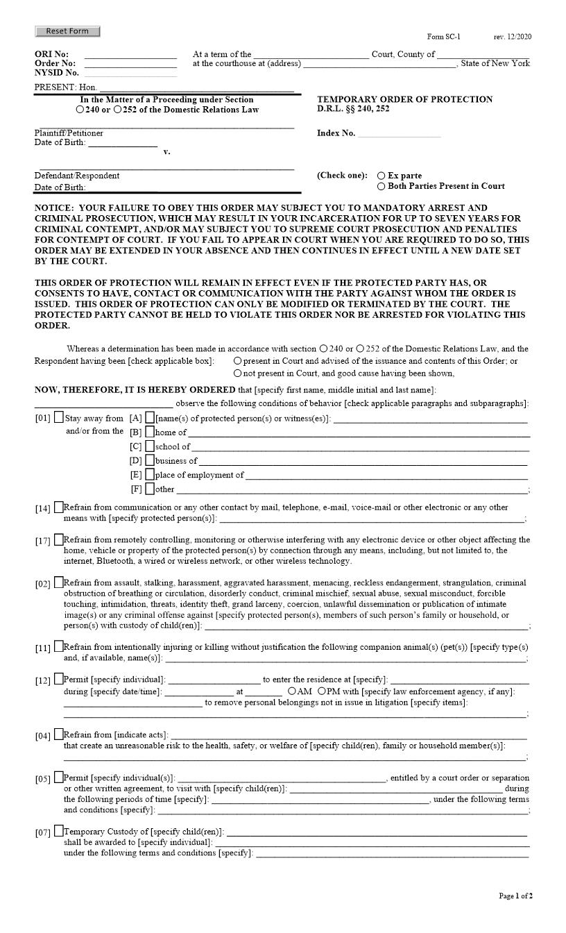 Temporary Order Of Protection {SC-1} | Pdf Fpdf Doc Docx | New York