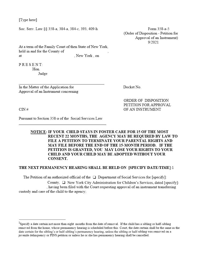 Order Of Disposition And Petition For Approval Of Instrument {358-a-5} | Pdf Fpdf Doc Docx | New York