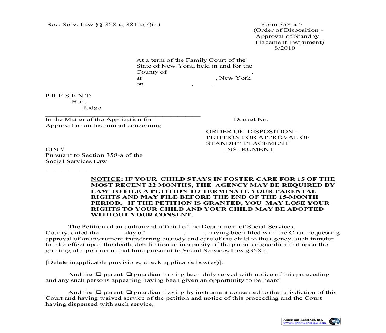 Order Of Disposition And Petition For Approval Of Standby Placement Instrument {358-a-7} | Pdf Fpdf Doc Docx | New York