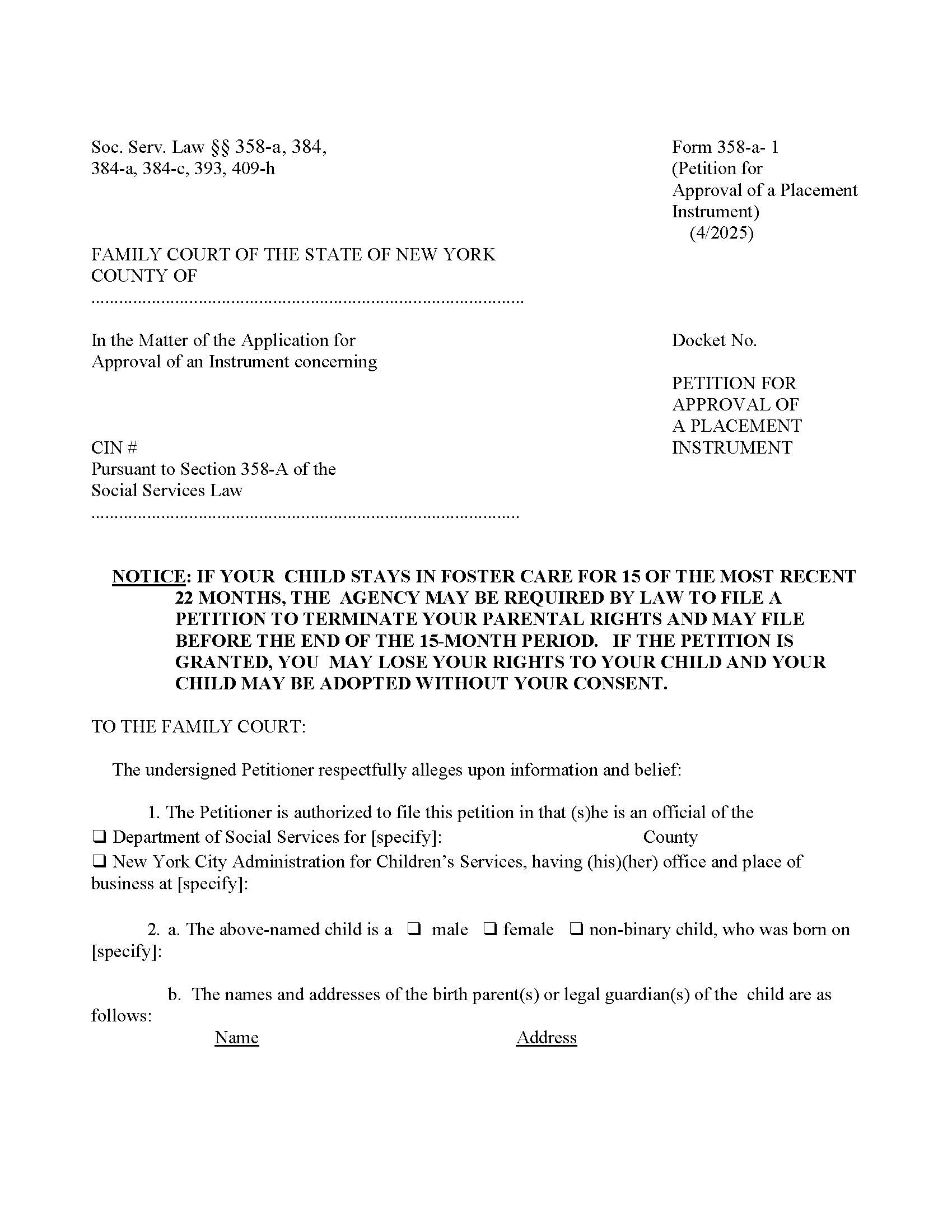 Petition For Approval Of Placement Instrument {358-a-1} | Pdf Fpdf Doc Docx | New York