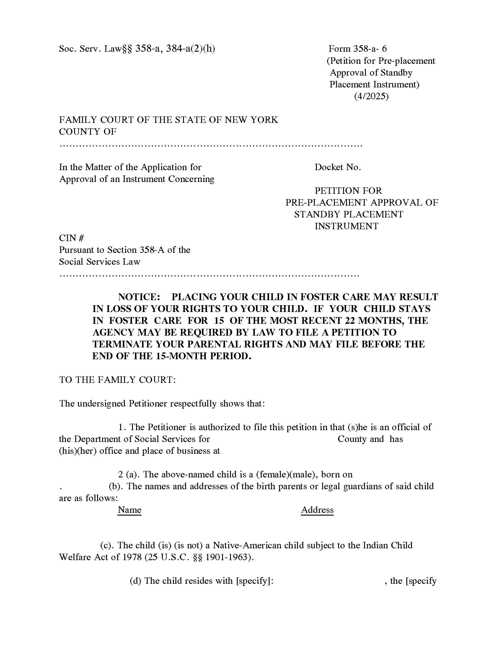 Petition For Pre Placement Approval Of Standby Placement Instrument {358-a-6} | Pdf Fpdf Doc Docx | New York