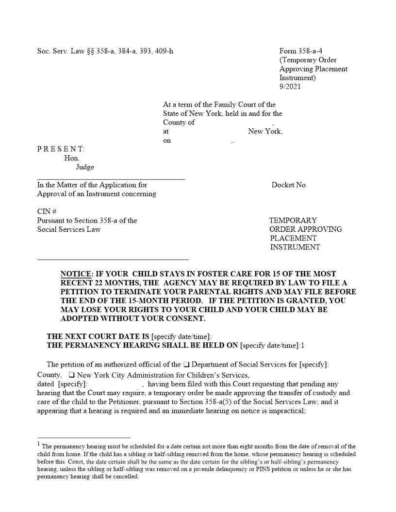 Temporary Order Approving Placement Instrument {358-a-4} | Pdf Fpdf Doc Docx | New York