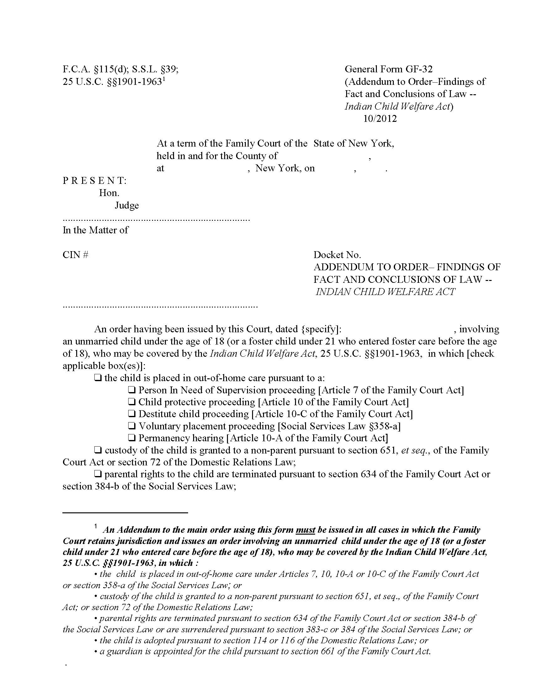 Addendum To Order–Findings Of Fact Conclusions Of Law-ICWA {GF-32} | Pdf Fpdf Docx | New York