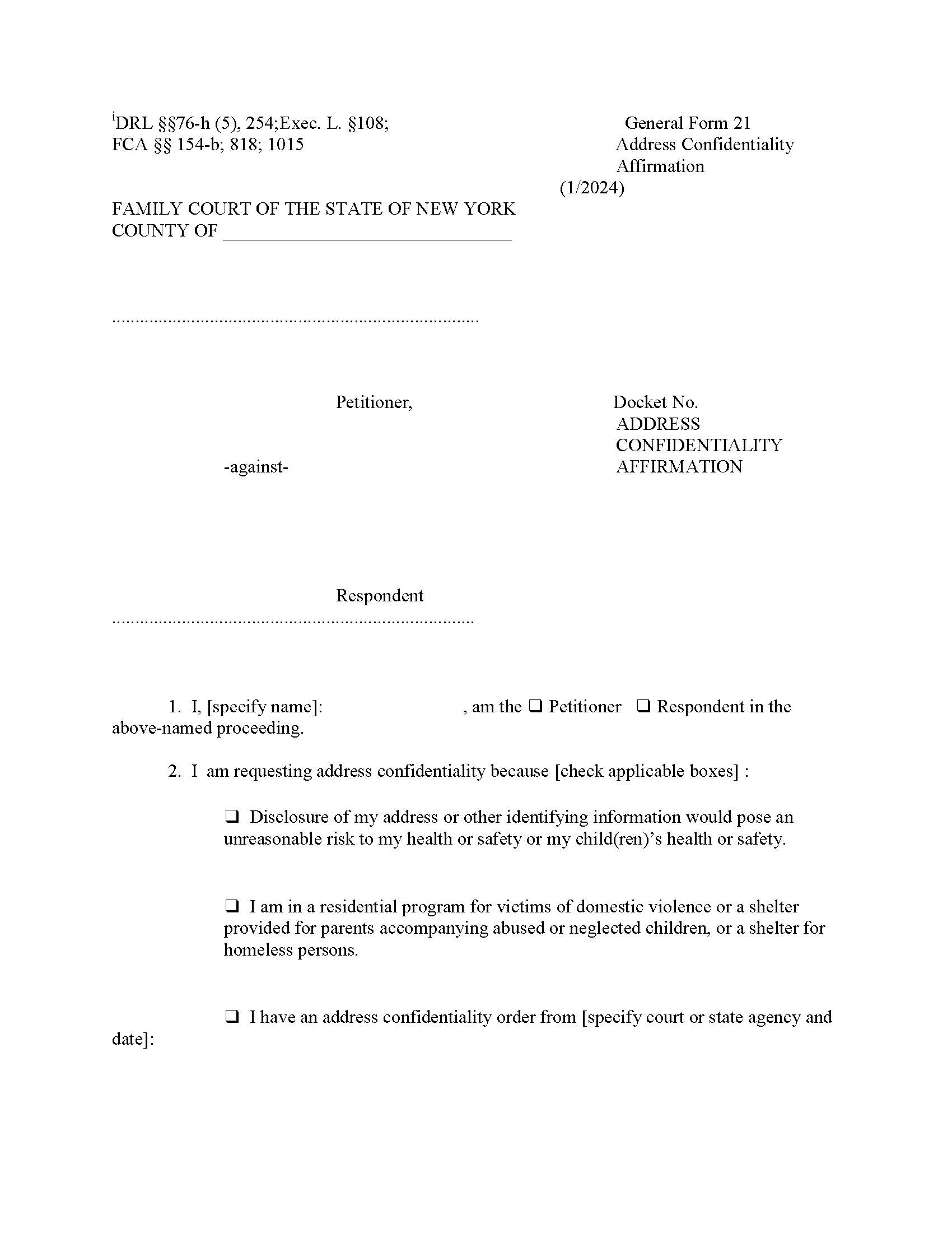 Address Confidentiality Affirmation {GF-21} | Pdf Fpdf Doc Docx | New York