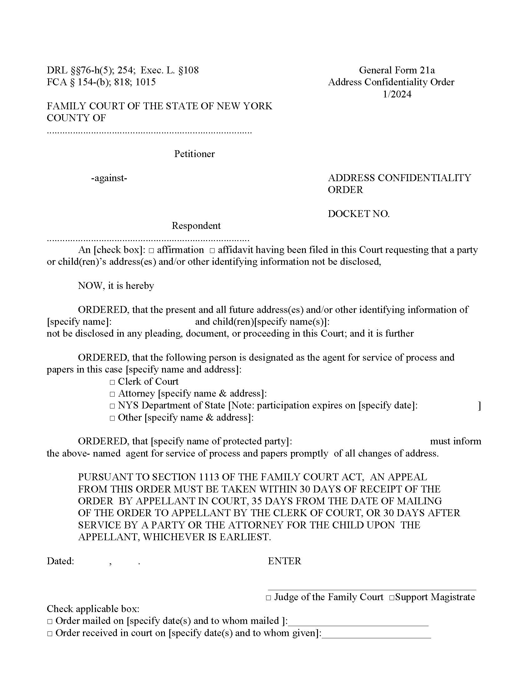 Address Confidentiality Order {GF-21a} | Pdf Fpdf Doc Docx | New York