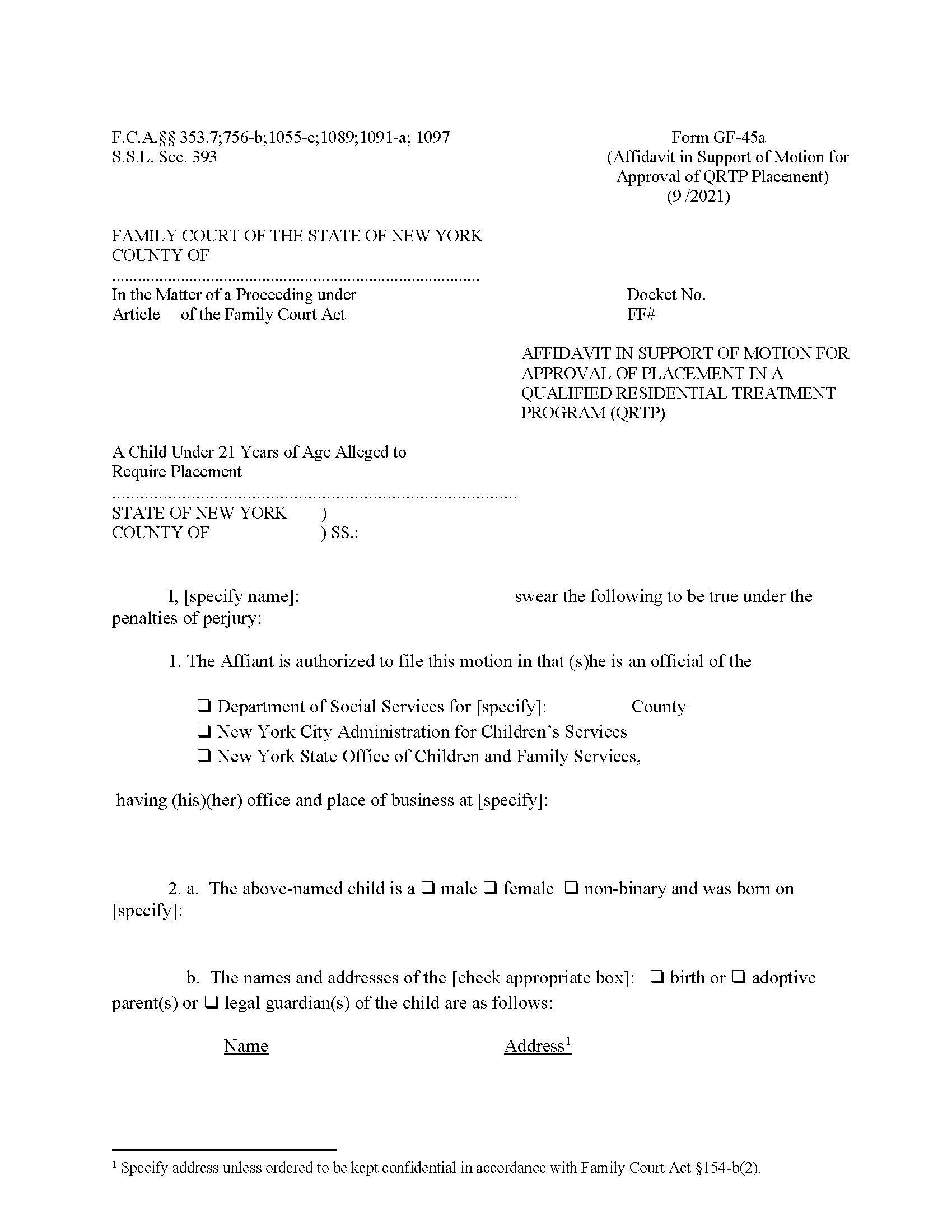 Affidavit In Support Motion For Approval Of Placement In QRTP {GF-45a} | Pdf Fpdf Docx | New York