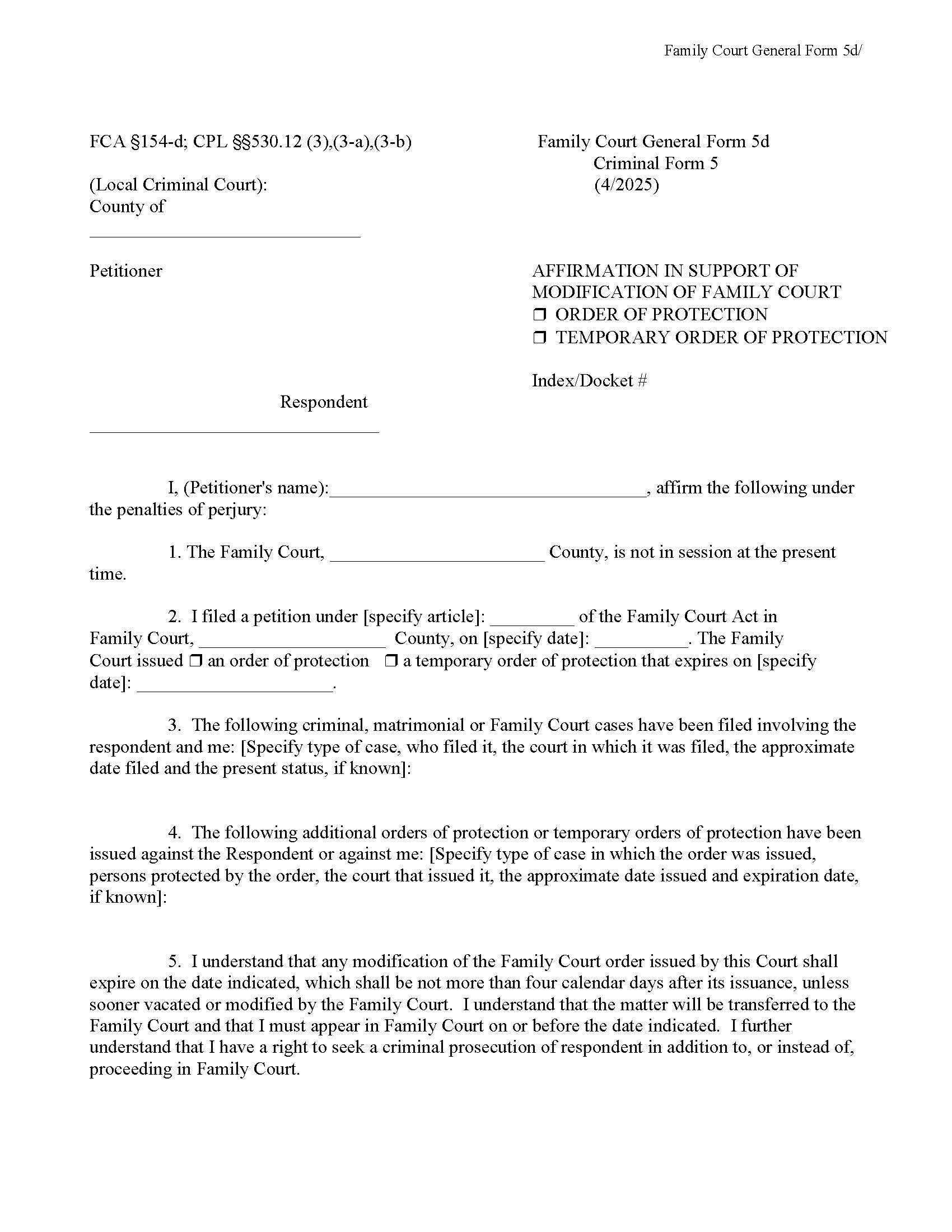 Affidavit In Support Of Modification Of Family Court Order Of Protection Or Temporary Order Of Protection {GF-5d} | Pdf Fpdf Doc Docx | New York