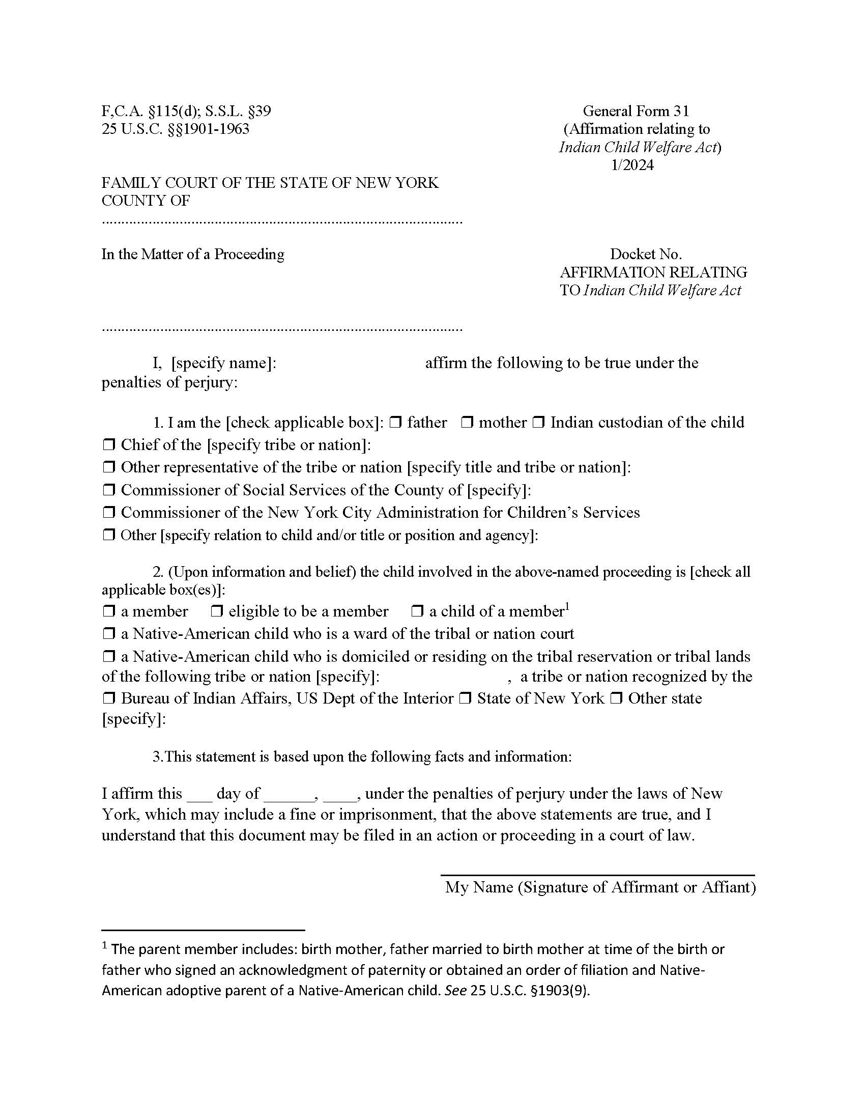 Affirmation (Relating To Indian Child Welfare Act) {GF-31} | Pdf Fpdf Doc Docx | New York