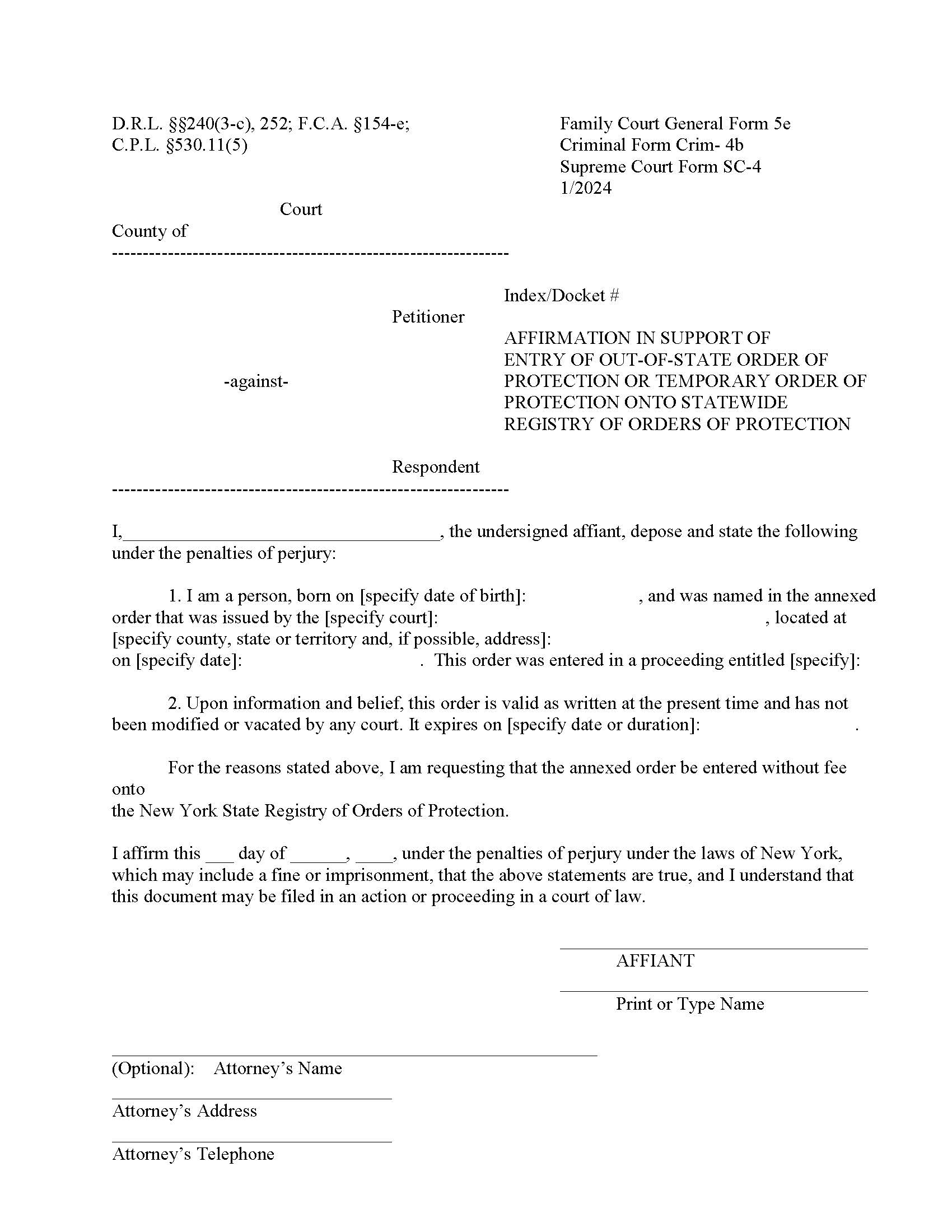 Affirmation In Support Of Entry Of Out-Of-State OOP Onto Statewide Registry {GF-5e} | Pdf Fpdf Doc Docx | New York