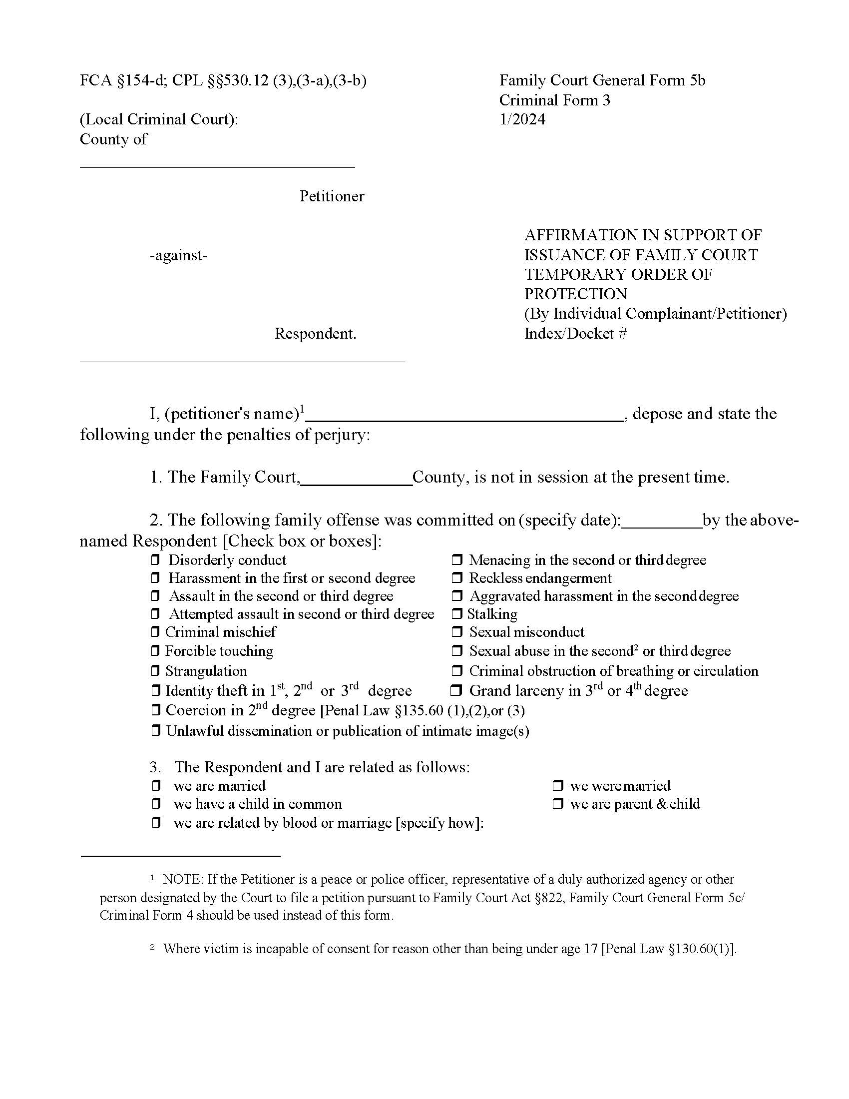 Affirmation In Support Of Family Court Temporary Order Of Protection {GF-5B} | Pdf Fpdf Doc Docx | New York