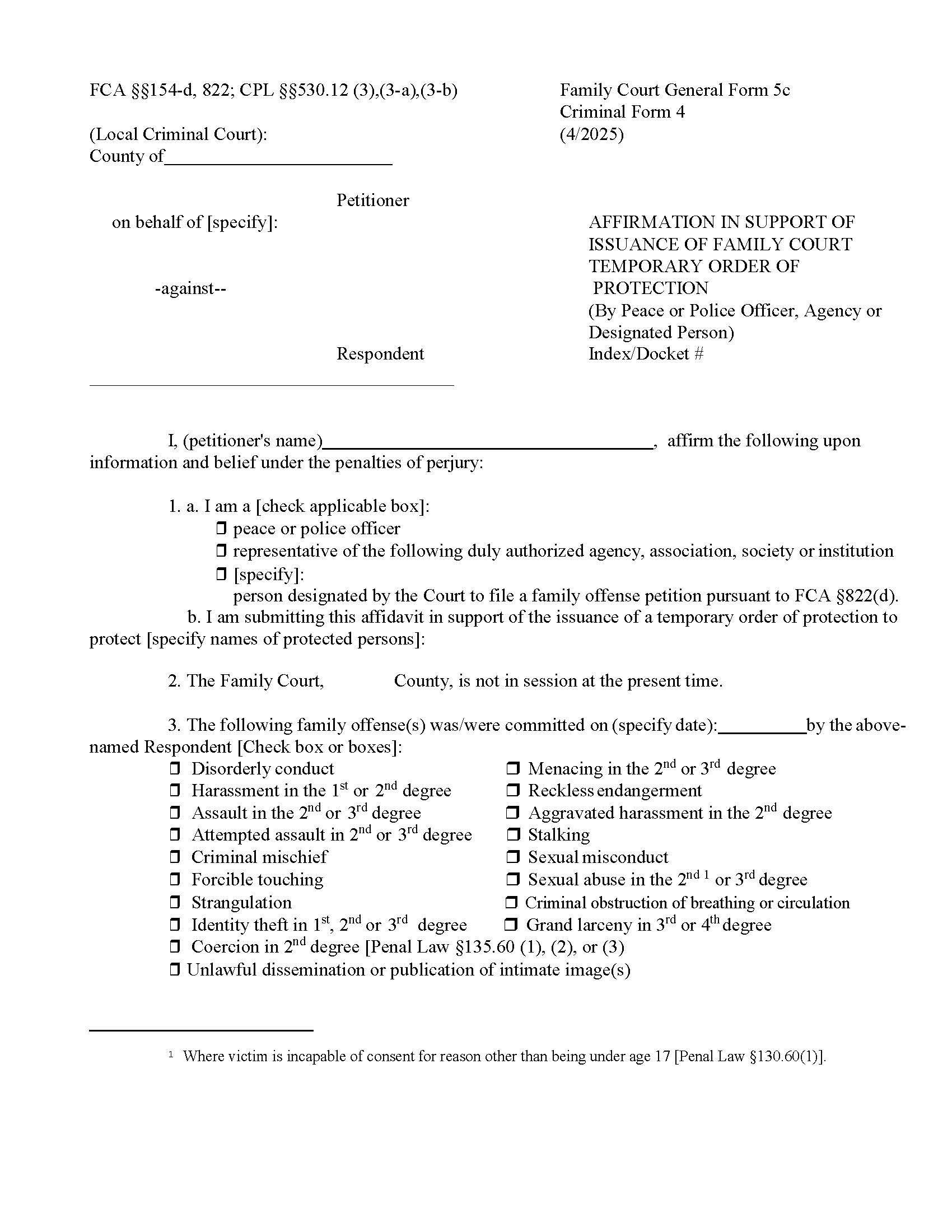 Affirmation In Support Of Family Court Temporary Order Of Protection {GF-5c} | Pdf Fpdf Doc Docx | New York