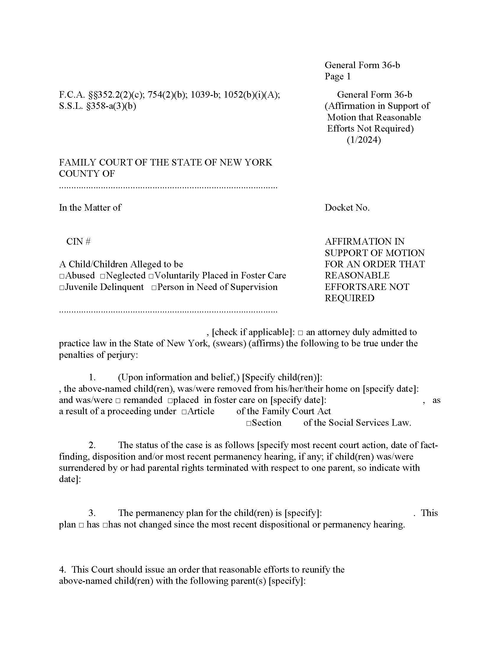 Affirmation In Support Of Motion For An Order That Reasonable Efforts Are Not Required {GF-36-b} | Pdf Fpdf Doc Docx | New York