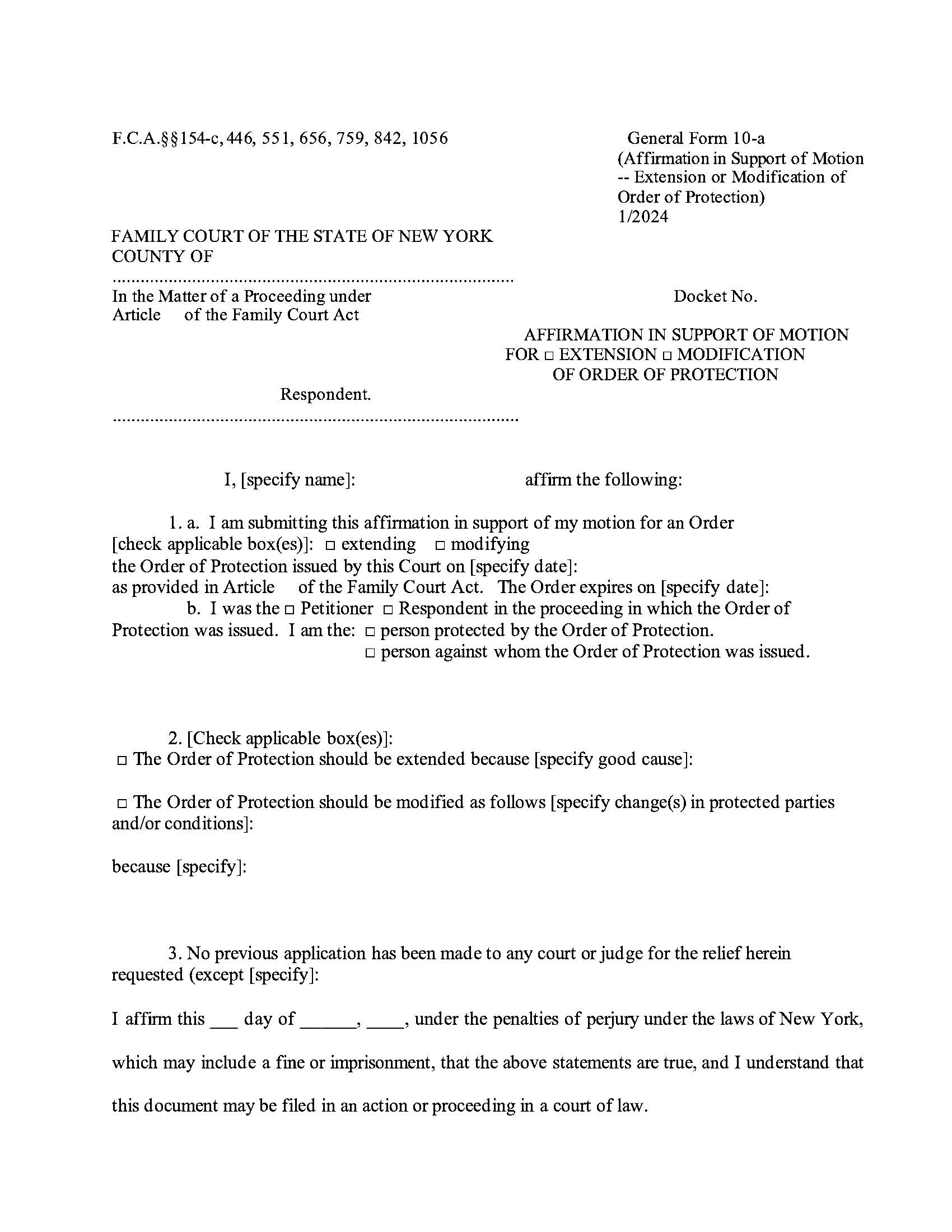 Affirmation In Support Of Motion For Extension Or Modification Of Order Of Protection {GF-10a} | Pdf Fpdf Doc Docx | New York