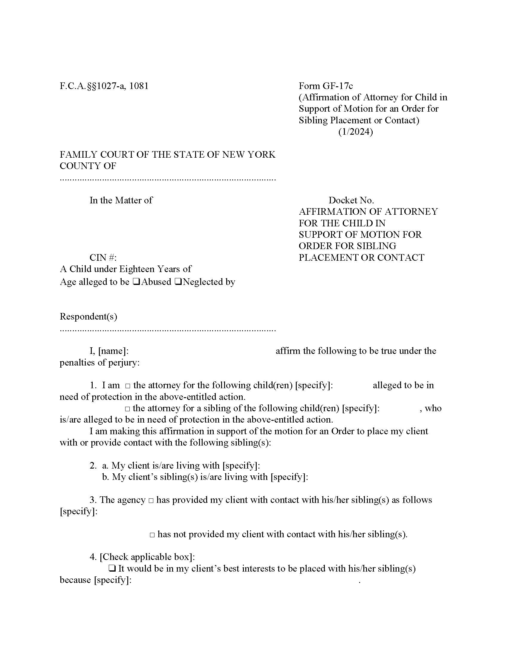 Affirmation Of Attorney For Child Support Of Order Sibling Placement-Contact {GF-17c} | Pdf Fpdf Docx | New York