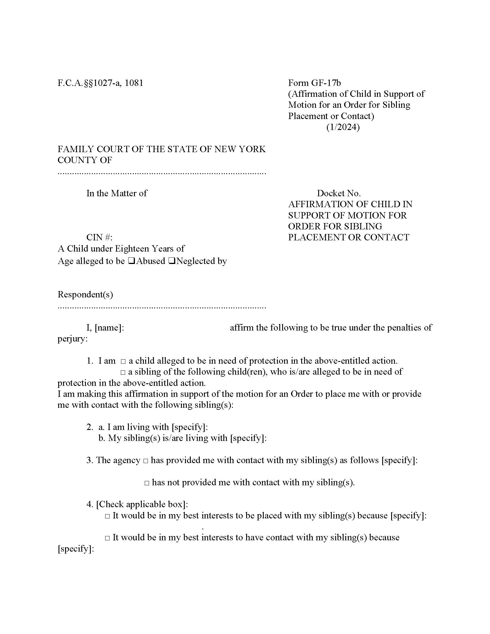 Affirmation Of Child In Support Of Order For Sibling Placement-Contact {GF-17b} | Pdf Fpdf Docx | New York