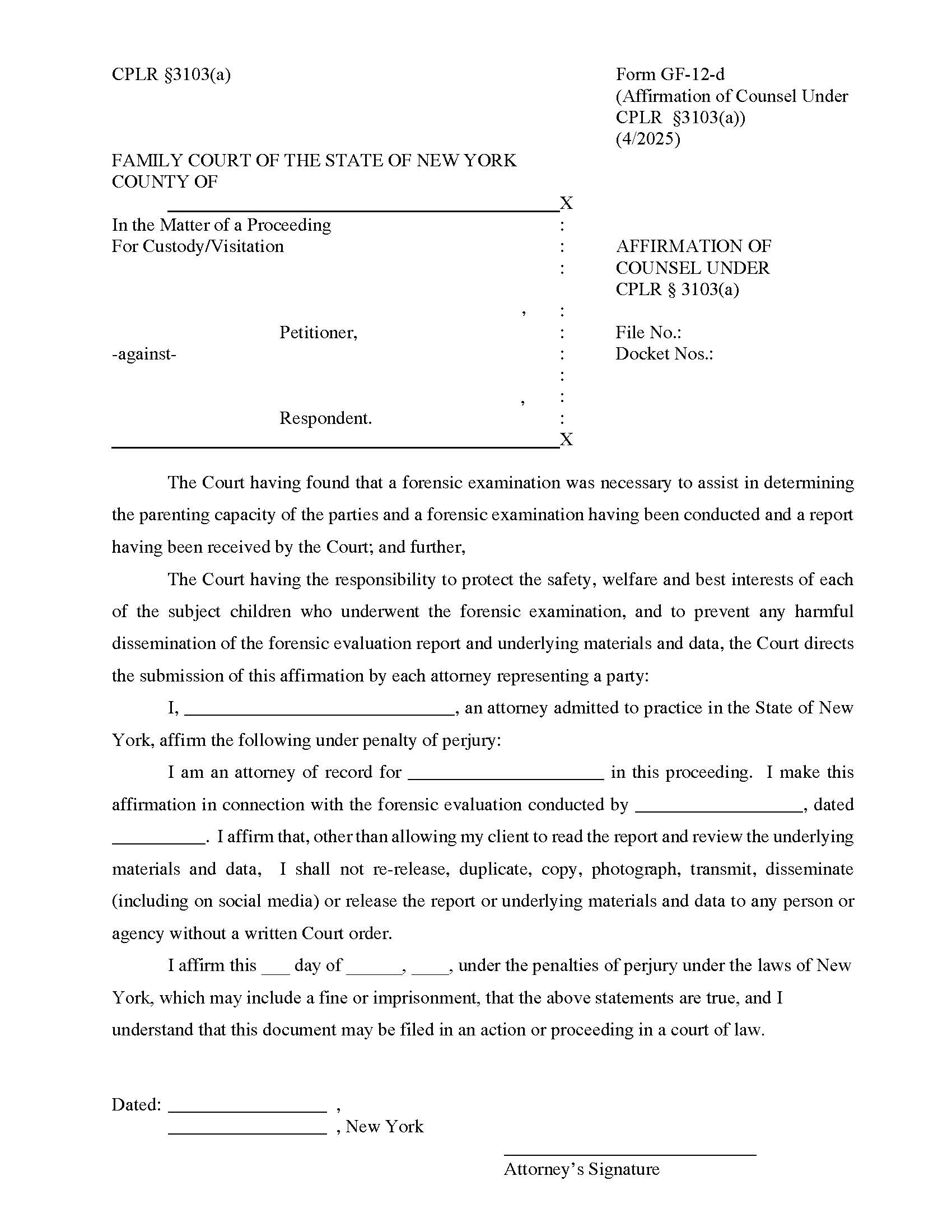 Affirmation Of Counsel Under CPLR S. 3103(A) {GF-12-d} | Pdf Fpdf Docx | New York