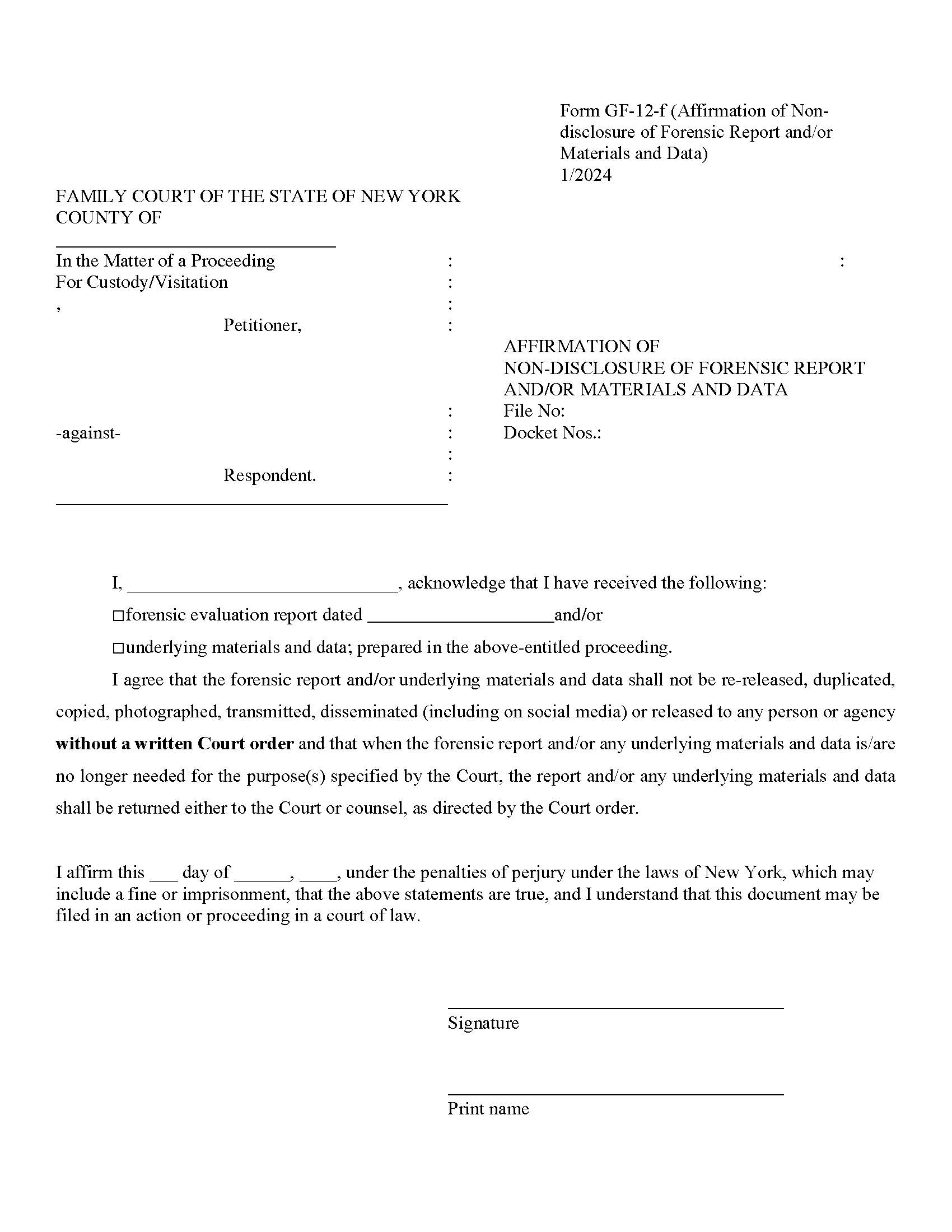 Affirmation Of Non-Disclosure Of Forensic Report Materials Data {GF-12-f} | Pdf Fpdf Docx | New York