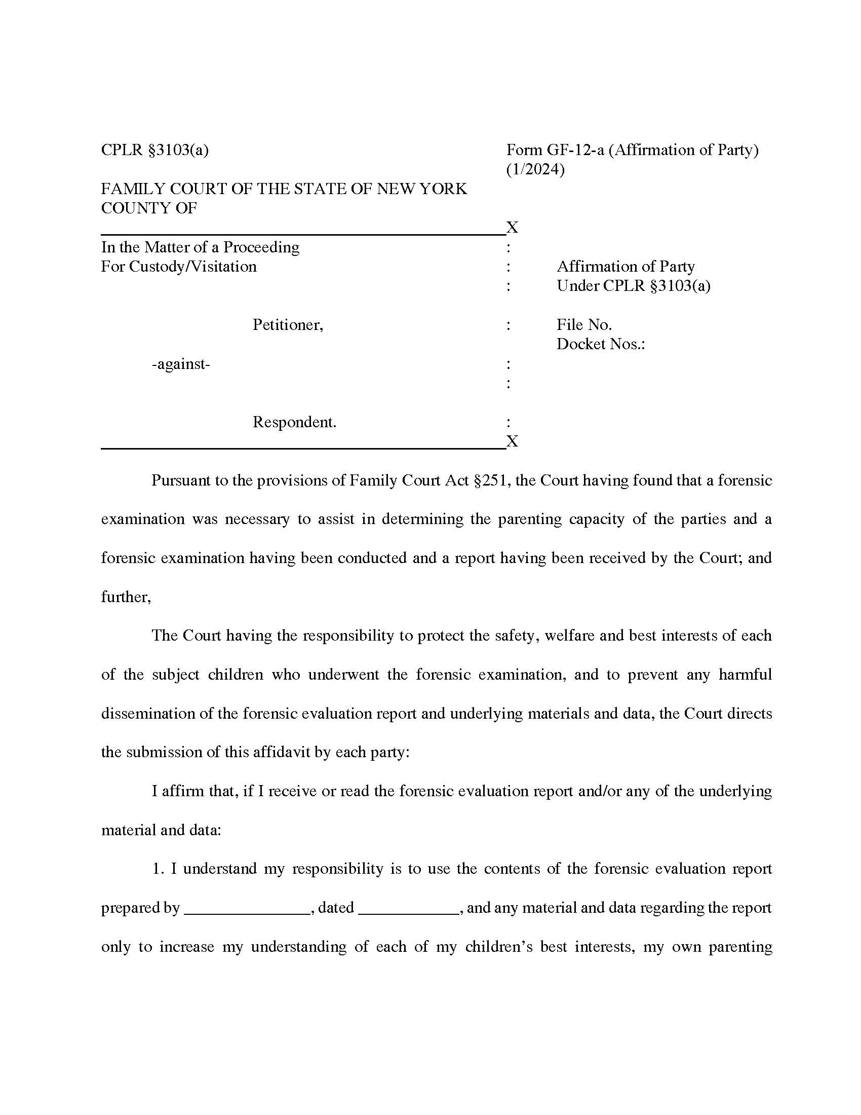 Affirmation Of Party Under CPLR S. 3103(A) {GF-12-a} | Pdf Fpdf Docx | New York