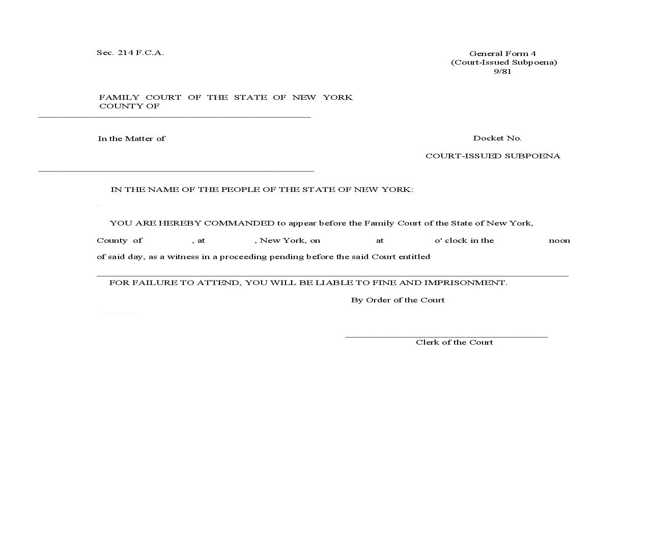 Court Issued Subpoena {GF-4} | Pdf Fpdf Doc Docx | New York