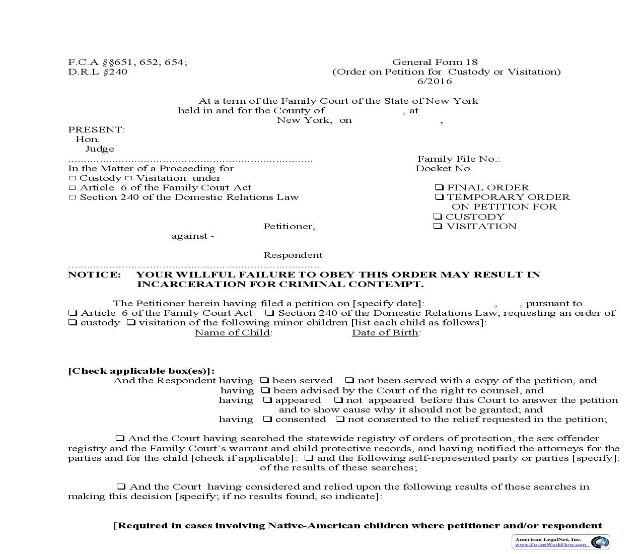 Final Or Temporary Order On Petition For Custody And Or Visitation {GF-18} | Pdf Fpdf Doc Docx | New York