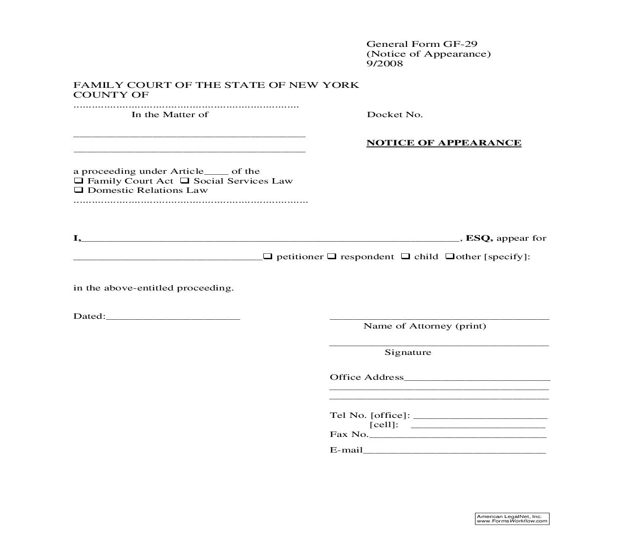 Notice Of Appearance {GF-29} | Pdf Fpdf Doc Docx | New York