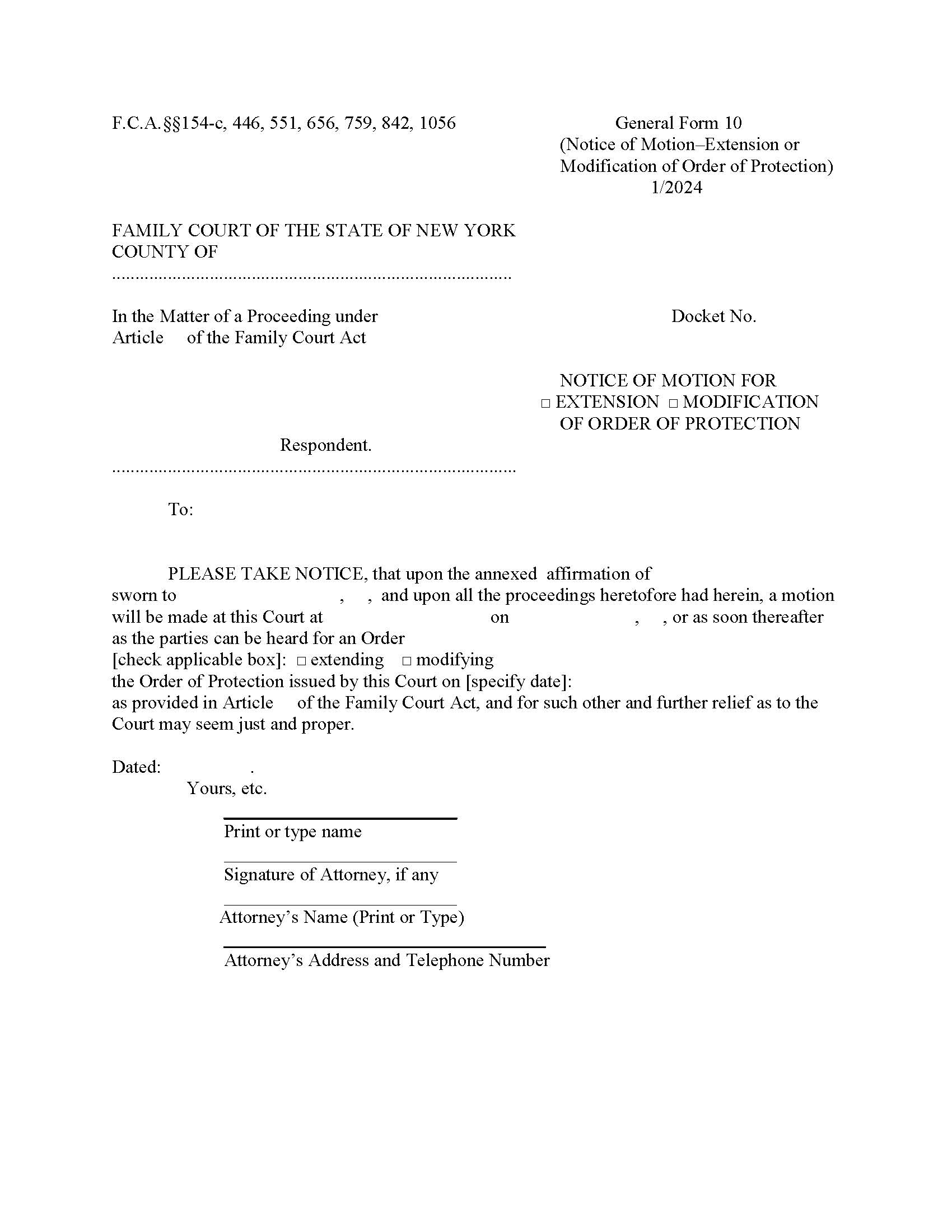 Notice Of Motion For Extension Or Modification Of Order Of Protection {GF-10} | Pdf Fpdf Doc Docx | New York