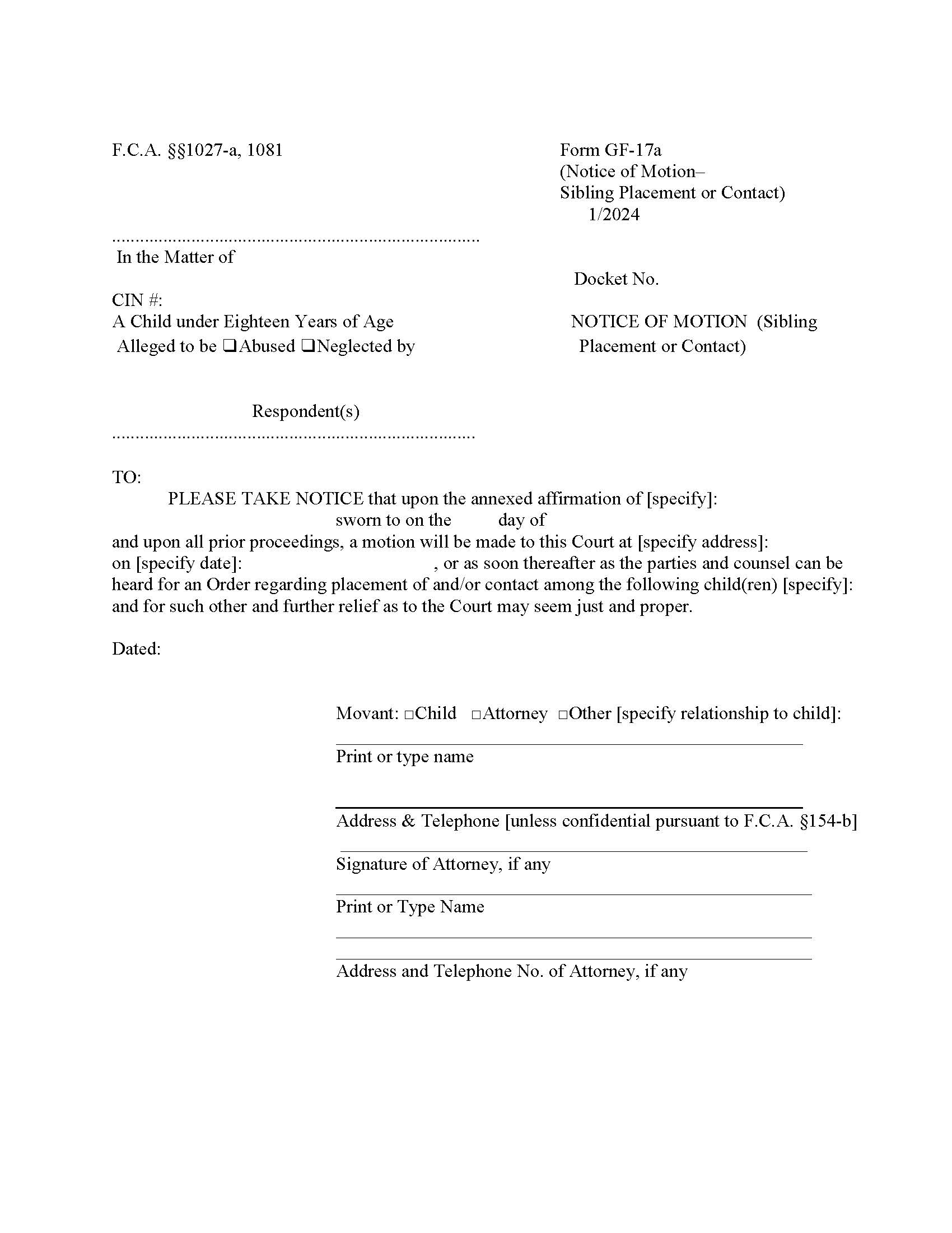 Notice Of Motion-Sibling Placement Or Contact {GF-17a} | Pdf Fpdf Docx | New York
