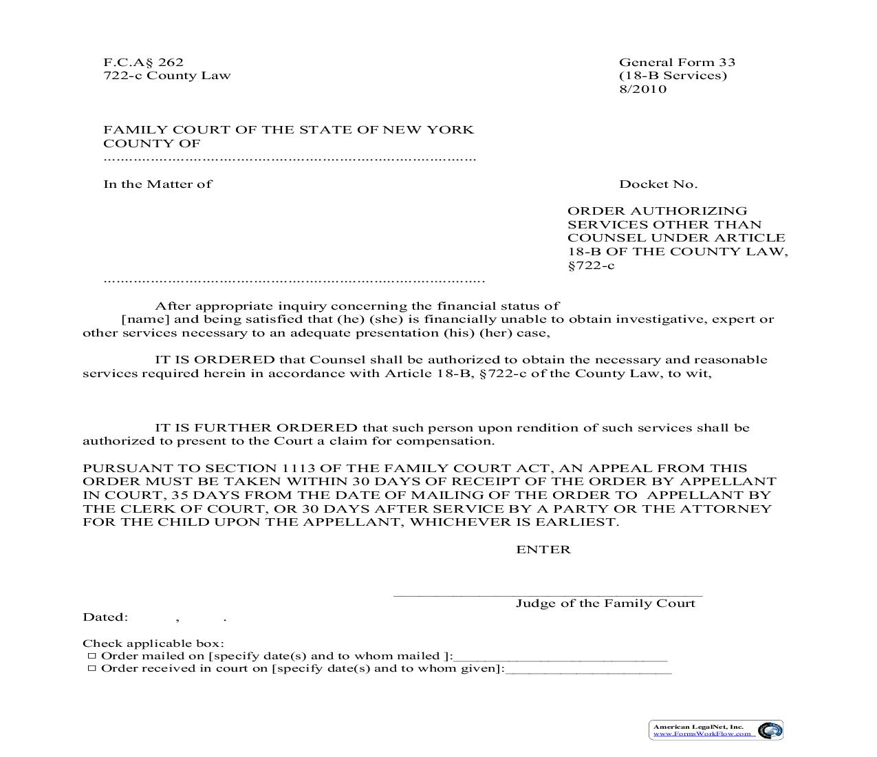 Order Authorizing Services Other Than Counsel Under Article 18-B Of The County Law {GF-33} | Pdf Fpdf Doc Docx | New York