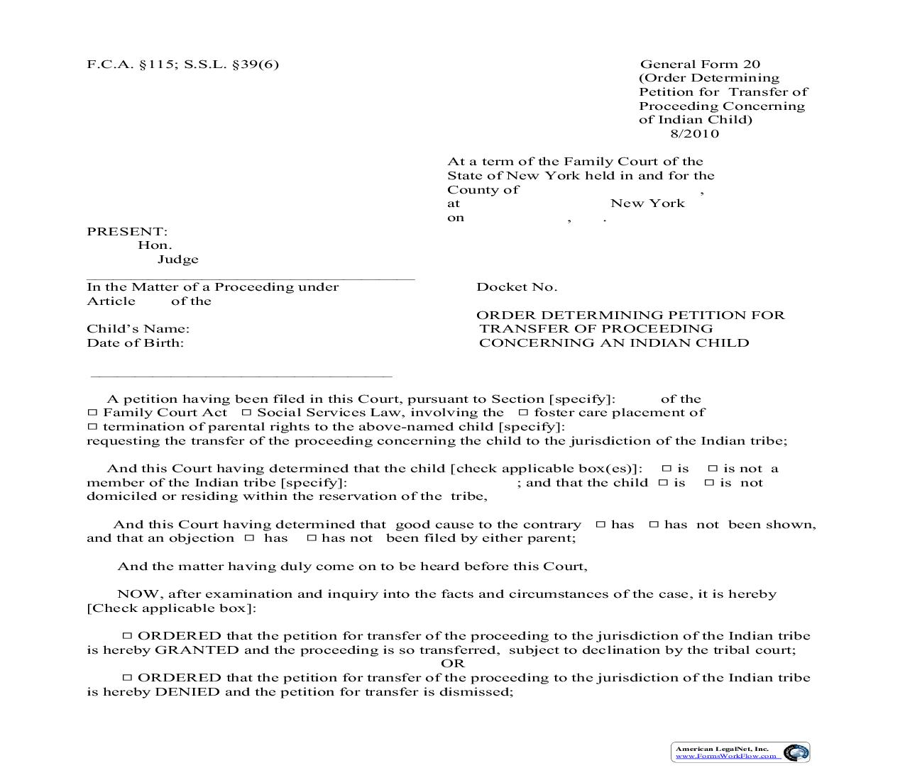Order Determining Petition For Transfer Of Proceeding Concerning An Indian Child {GF-20} | Pdf Fpdf Doc Docx | New York