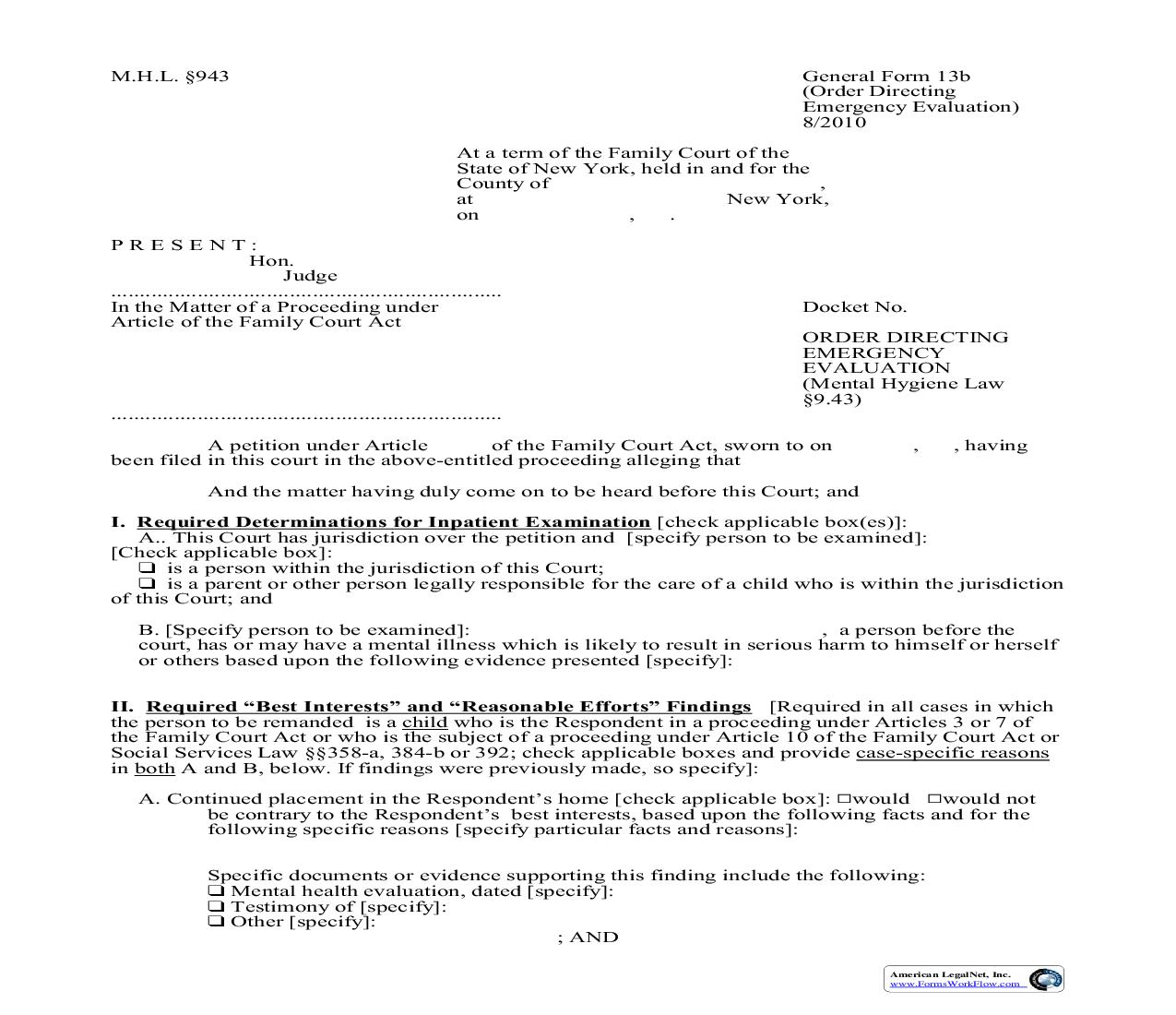 Order Directing Emergency Evaluation {GF-13b} | Pdf Fpdf Doc Docx | New York