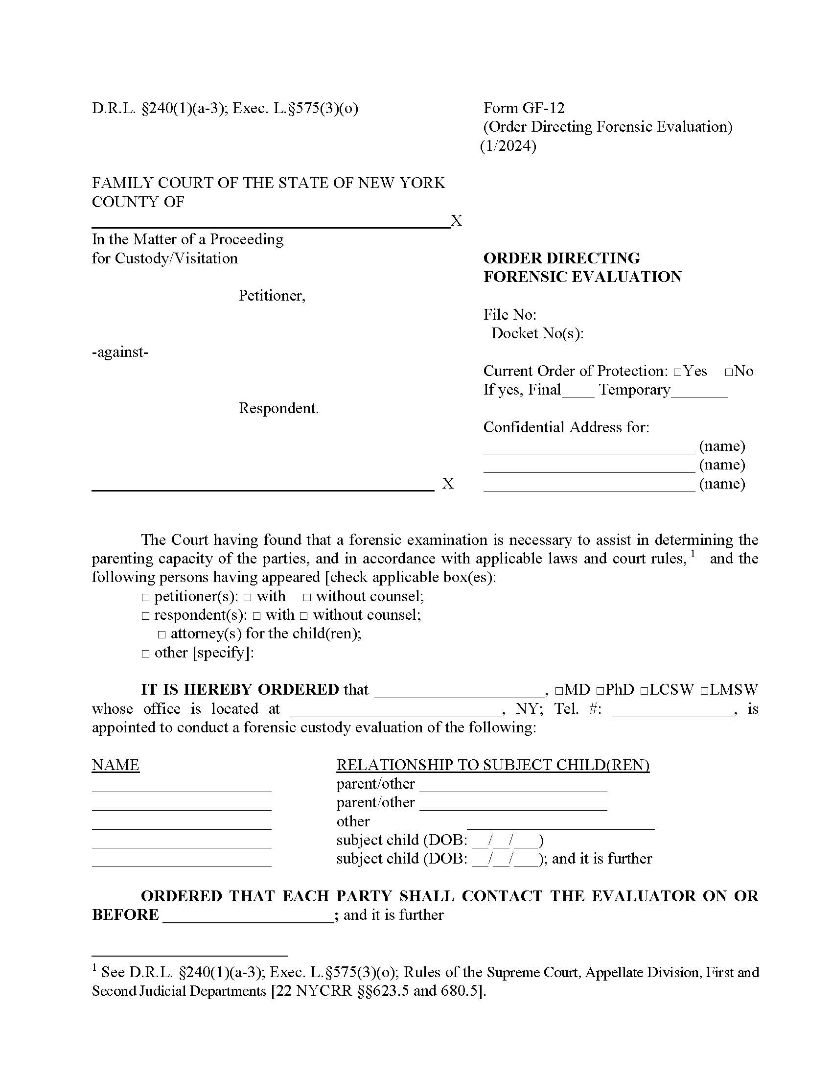 Order Directing Forensic Evaluation {GF-12} | Pdf Fpdf Docx | New York