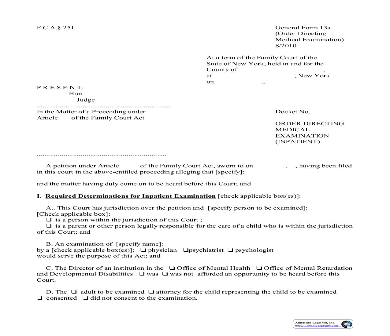 Order Directing Medical Examination Inpatient {GF-13a} | Pdf Fpdf Doc Docx | New York
