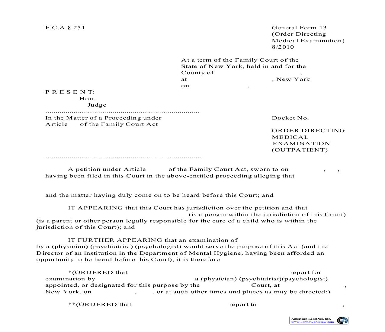 Order Directing Medical Examination Outpatient {GF-13} | Pdf Fpdf Doc Docx | New York