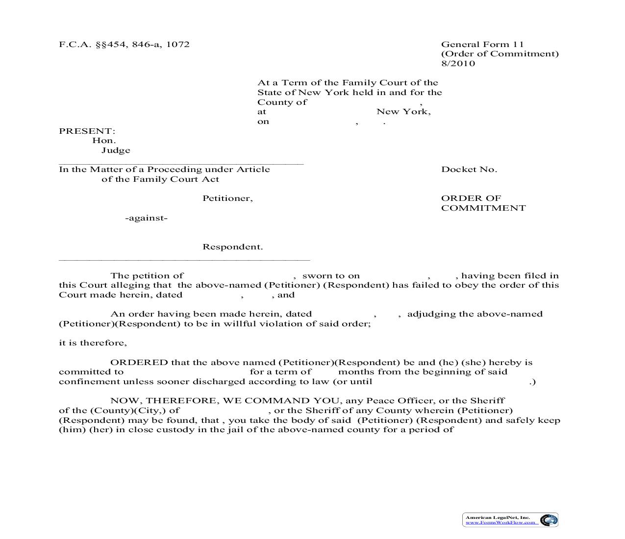 Order Of Commitment {GF-11} | Pdf Fpdf Doc Docx | New York