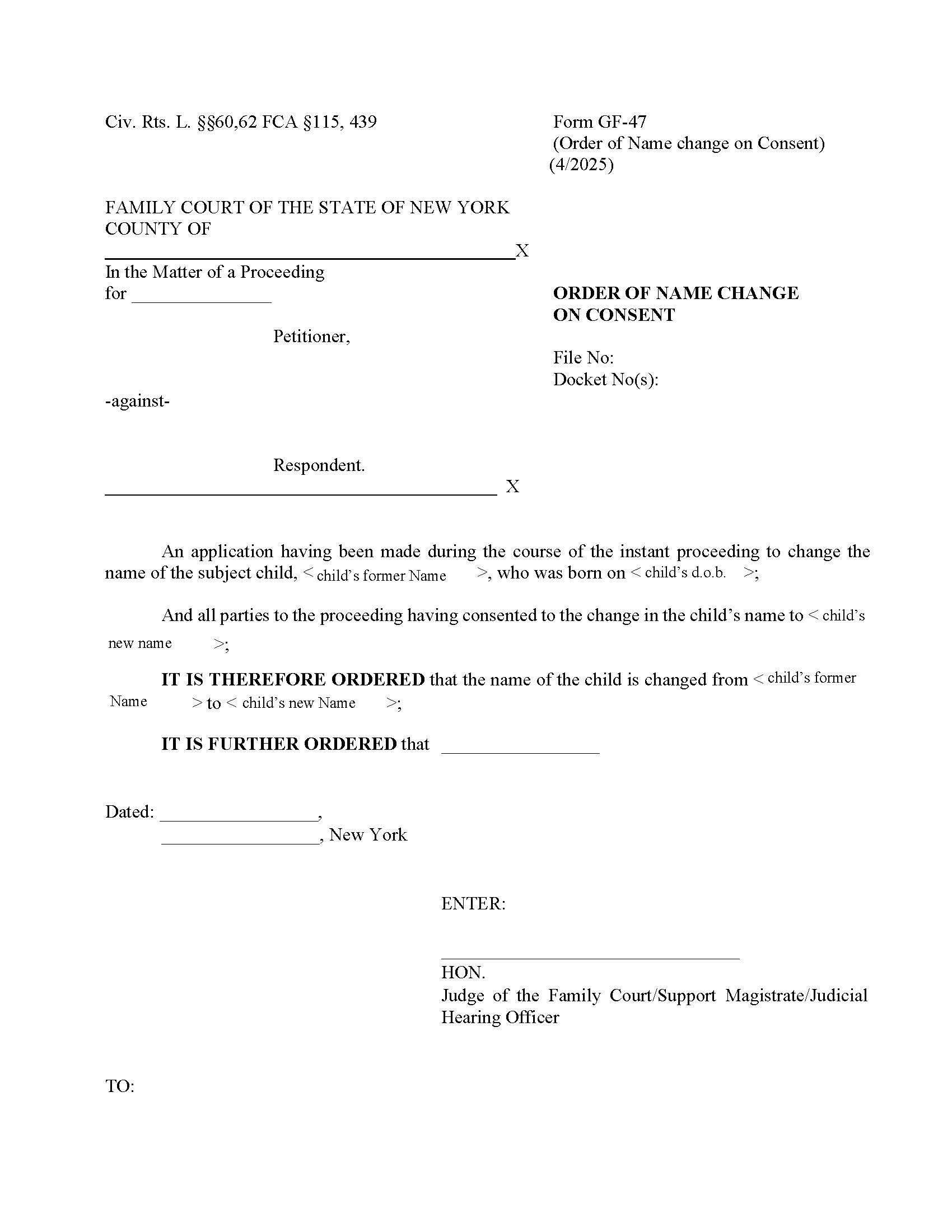 Order Of Name Change On Consent {GF-47} | Pdf Fpdf Docx | New York