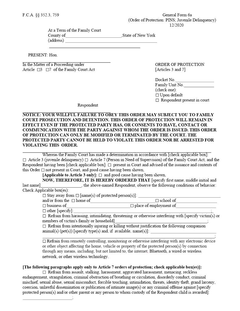 Order Of Protection (PINS Or Juvenile Delinquency) {GF-6a} | Pdf Fpdf Doc Docx | New York