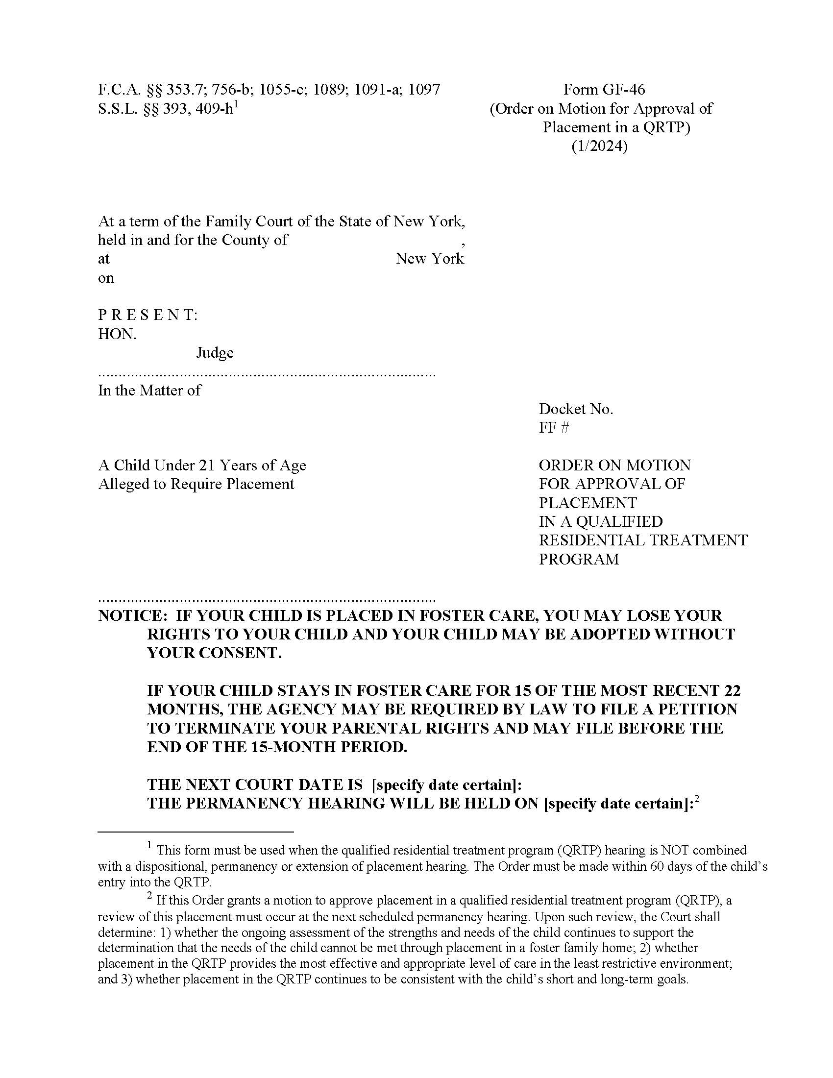 Order On Motion For Approval of Placement In RTP {GF-46} | Pdf Fpdf Docx | New York