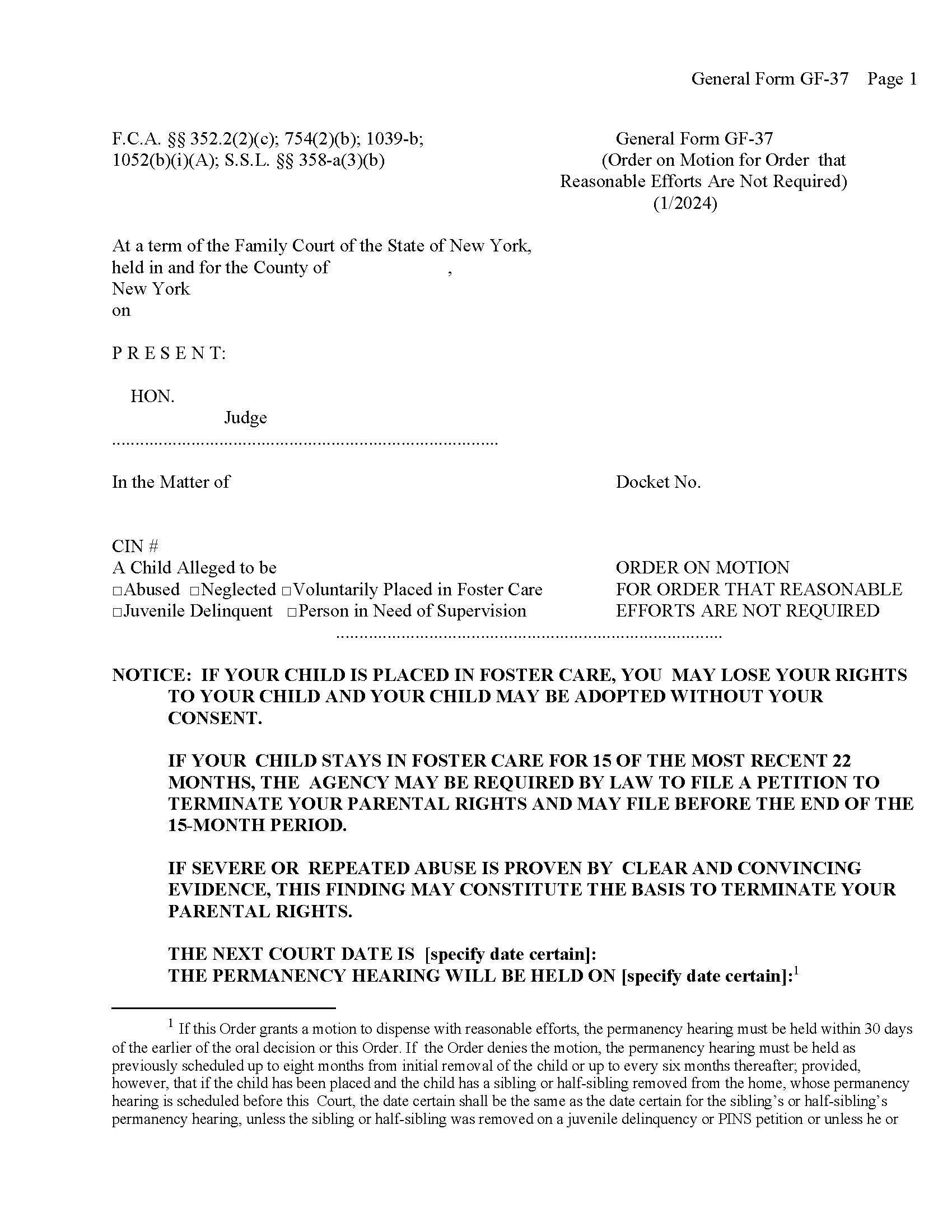 Order On Motion For Order That Reasonable Efforts Are Not Required {GF-37} | Pdf Fpdf Doc Docx | New York