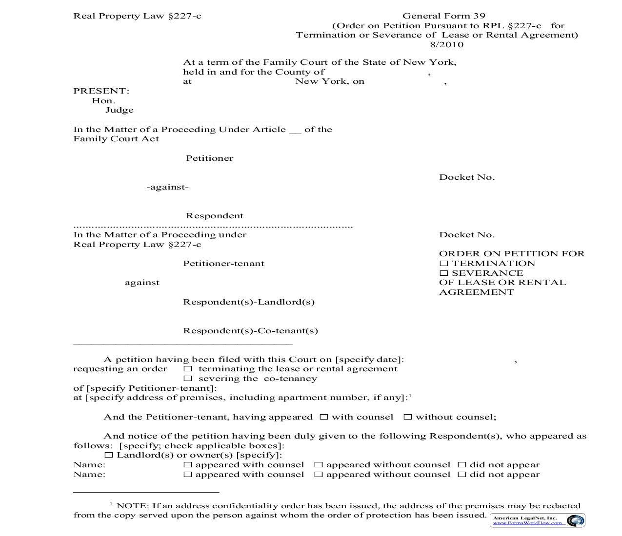 Order On Petition For Termination Or Severance Of Lease Or Rental Agreement {GF-39} | Pdf Fpdf Doc Docx | New York