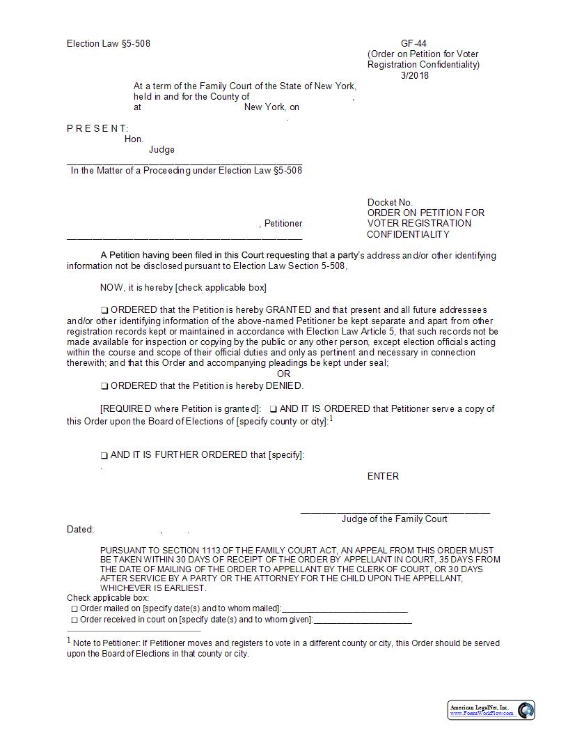 Order On Petition For Voter Registration Confidentiality {GF-44} | Pdf Fpdf Docx | New York