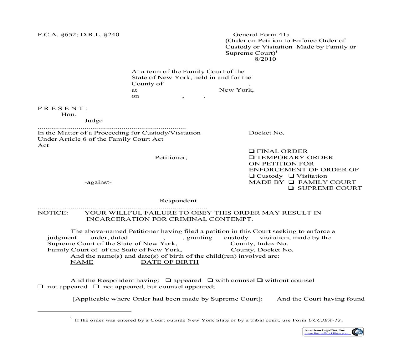 Order On Petition To Enforce Order Of Custody Or Visitation Made By Family Or Supreme Court {GF-41a} | Pdf Fpdf Doc Docx | New York