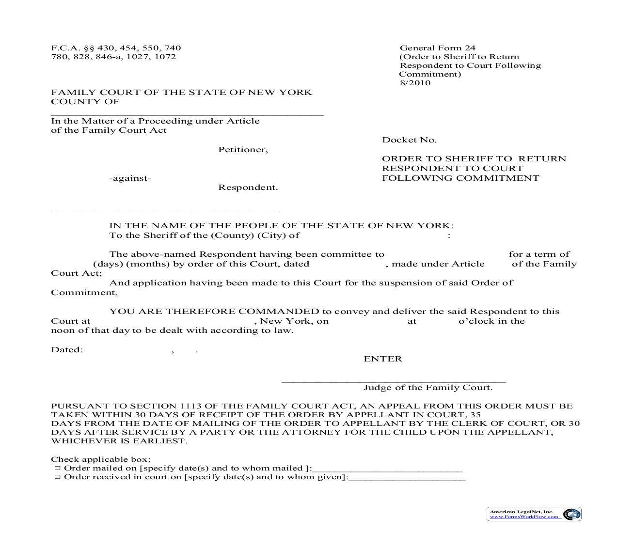 Order To Sheriff To Return Respondent To Court {GF-24} | Pdf Fpdf Doc Docx | New York