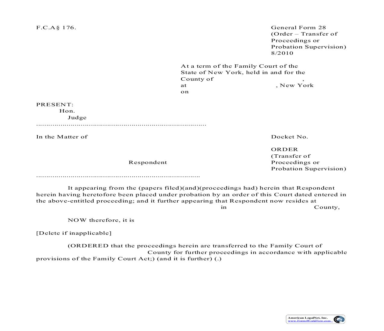 Order Transfer Of Proceedings Or Probation Supervision {GF-28} | Pdf Fpdf Doc Docx | New York