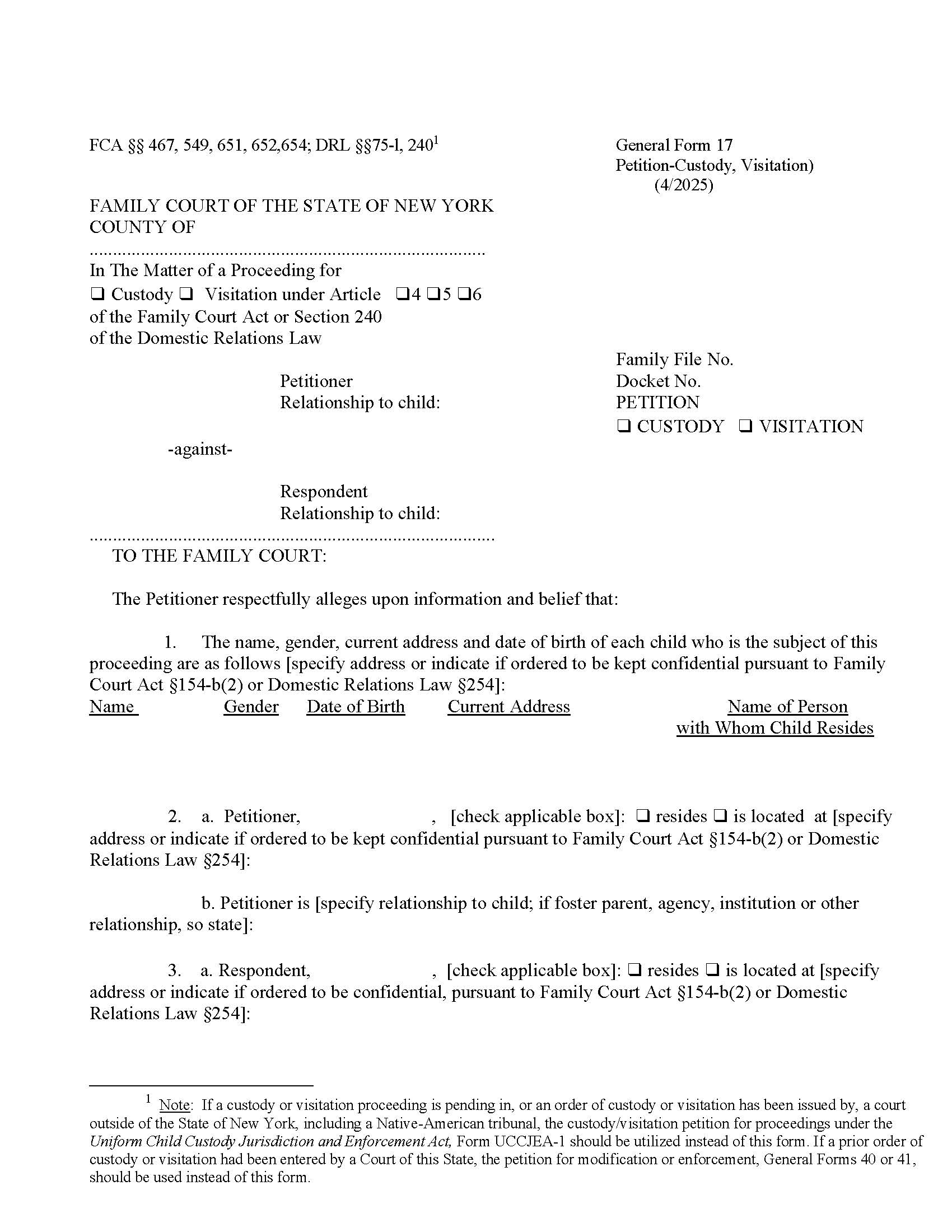 Petition (For Custody And Or Visitation) {GF-17} | Pdf Fpdf Docx | New York