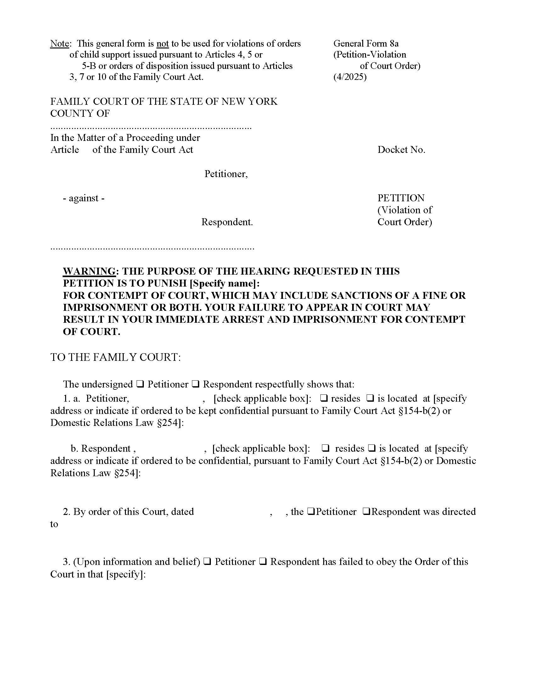 Petition (Violation Of Court Order) {GF-8a} | Pdf Fpdf Docx | New York