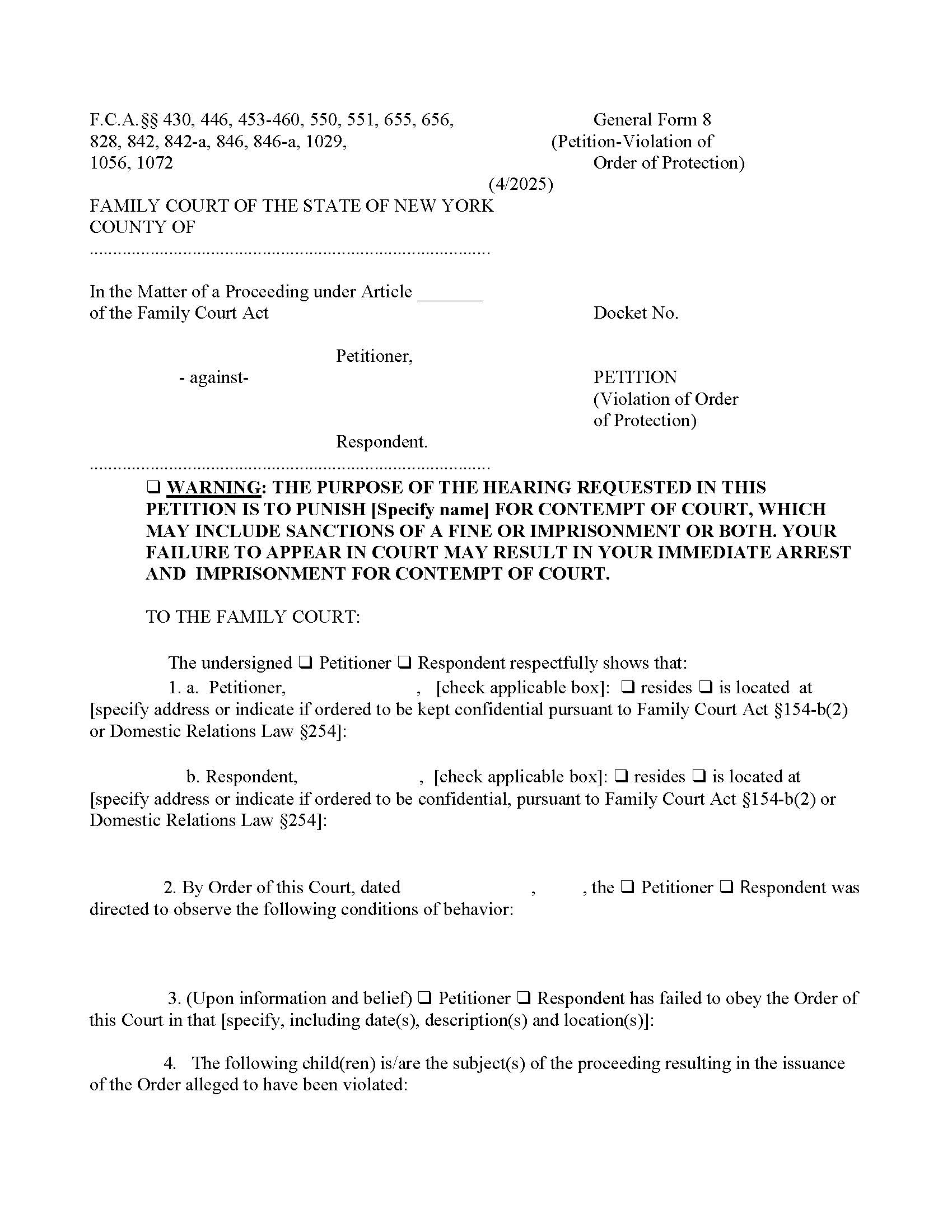 Petition (Violation Of Order Of Protection) {GF-8} | Pdf Fpdf Docx | New York