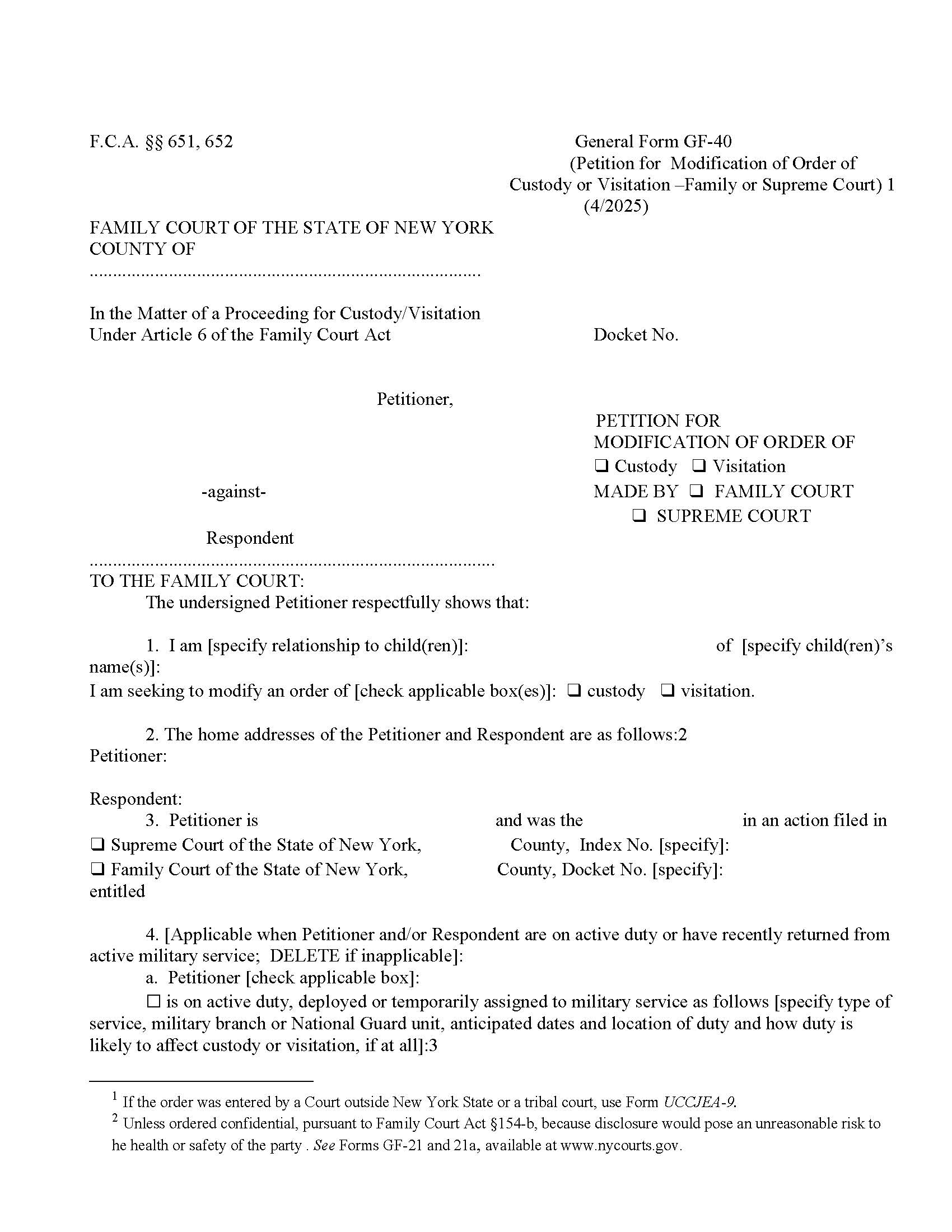 Petition For Modification Of Order Of Custody Or Visitation Made By Family Or Supreme Court {GF-40} | Pdf Fpdf Doc Docx | New York