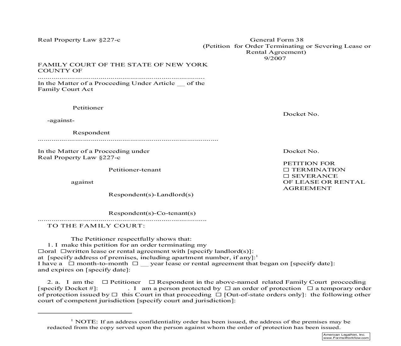 Petition For Termination Or Severance Of Lease Or Rental Agreement {GF-38} | Pdf Fpdf Doc Docx | New York